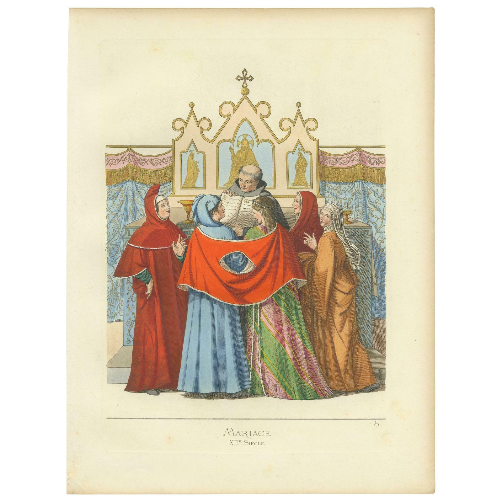 Antique Print Of A Mariage Ceremony In Italy By Bonnard, 1860