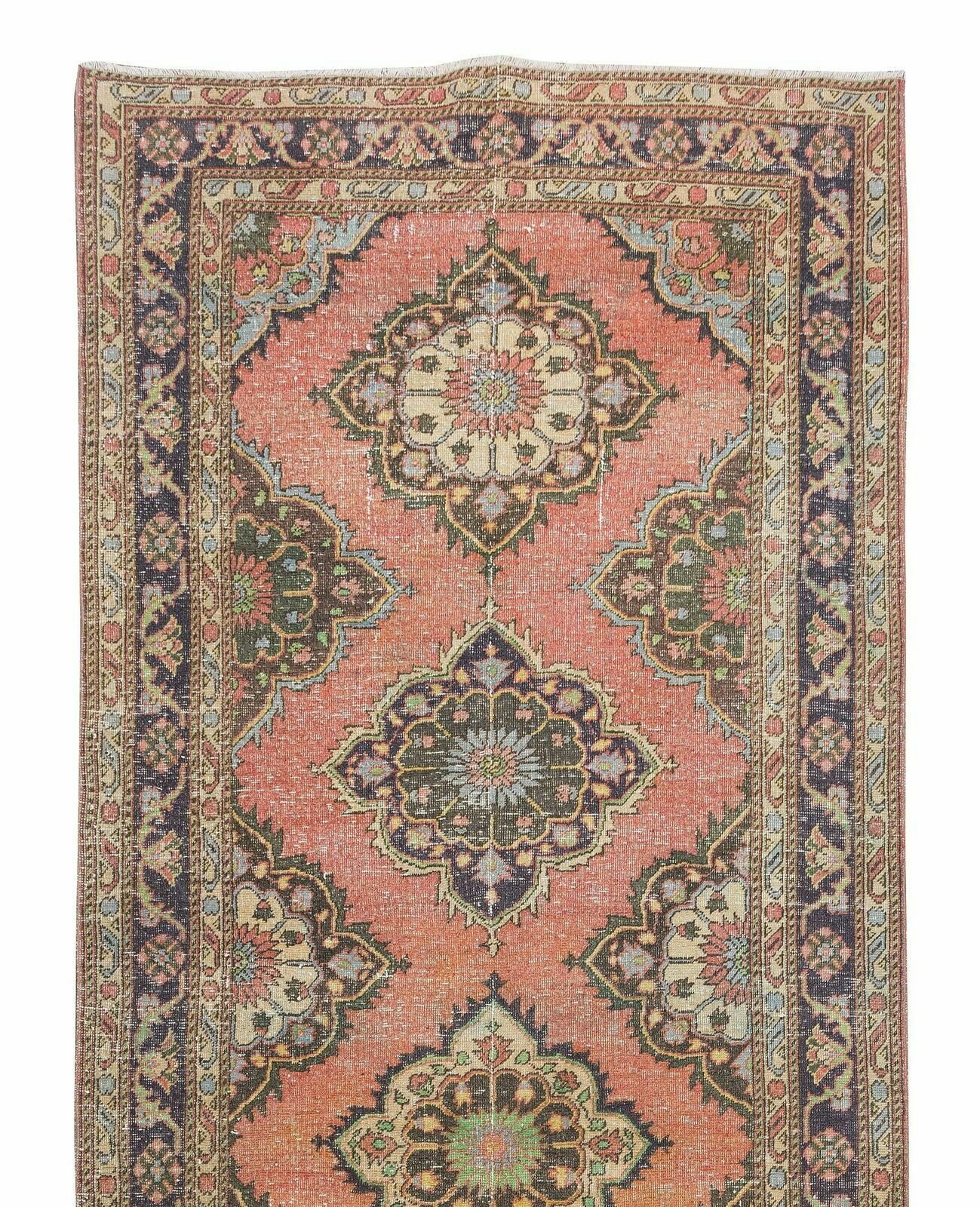 4.7x12.9 Ft Traditional Handmade Turkish Runner. Vintage Geometric Hallway Rug photo Textiles