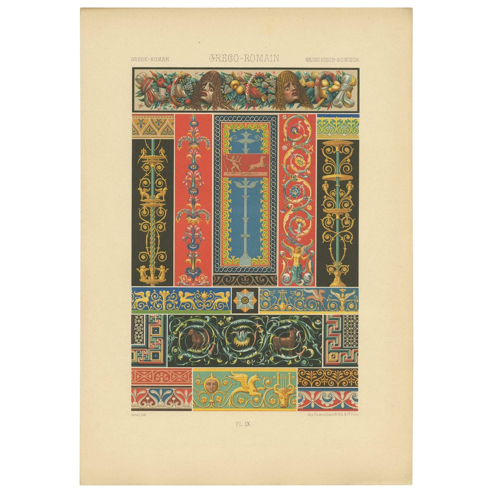 Pl. 9 Antique Print Of Greek Roman Ornaments By Racinet, Circa 1890