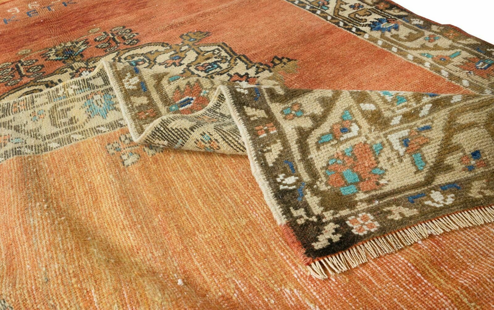 4.4x7.9 Ft 1963's Hand Knotted Turkish Oriental Rug In Red, Brown, Cream & Blue photo for sale