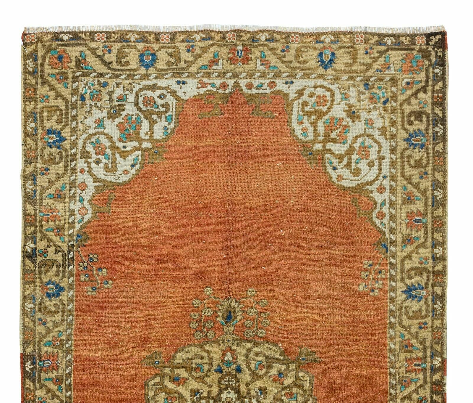 4.4x7.9 Ft 1963's Hand Knotted Turkish Oriental Rug In Red, Brown, Cream & Blue photo Textiles