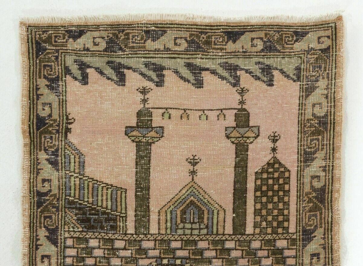 2.7x4 Vintage Prayer Rug Depicting A Mosque Decorated With Ramadan Candle Lights photo furniture