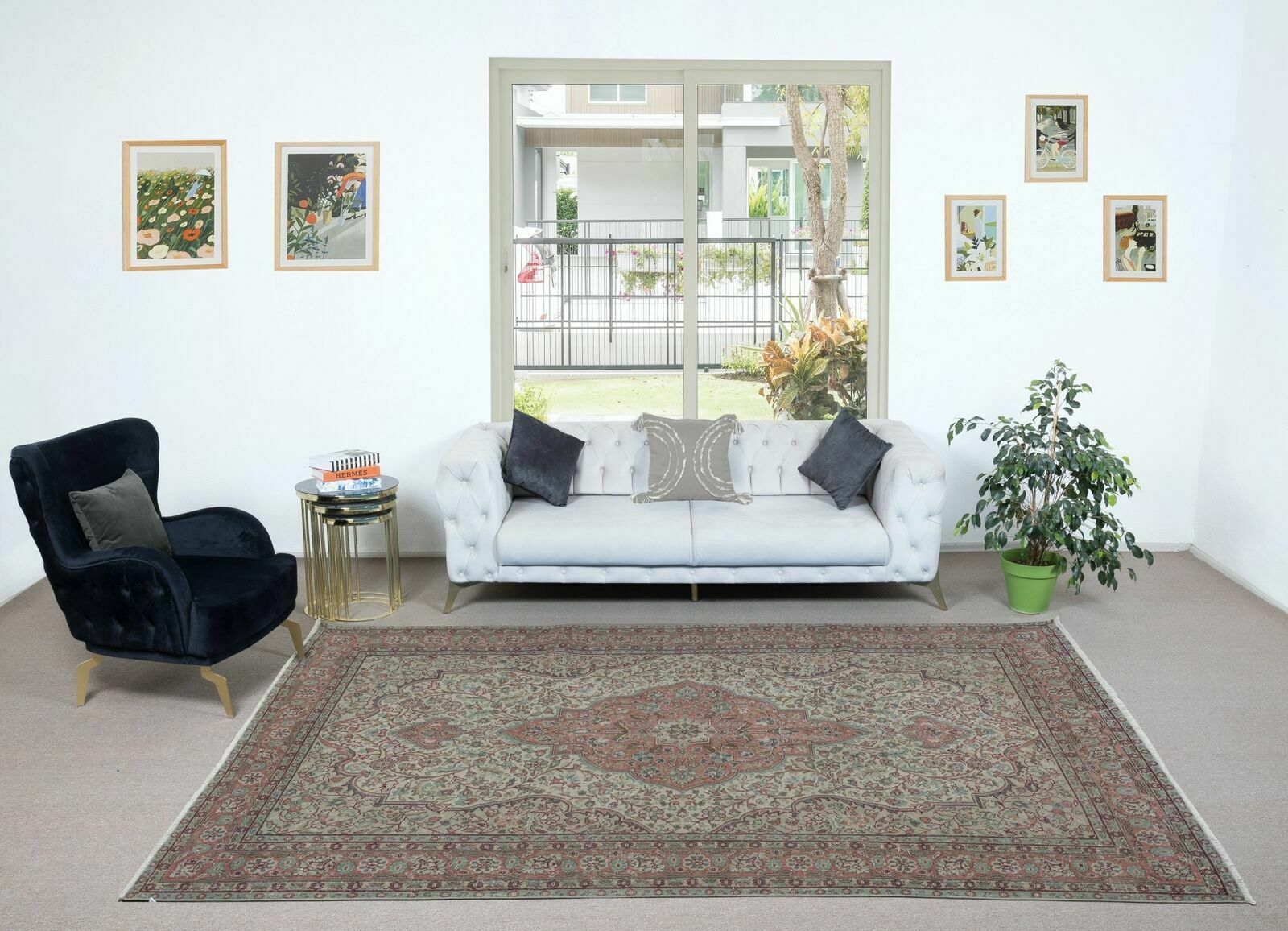 7.4x10.7 Ft Unique Vintage Village Rug, Handmade Turkish Medallion Design Carpet photo furniture