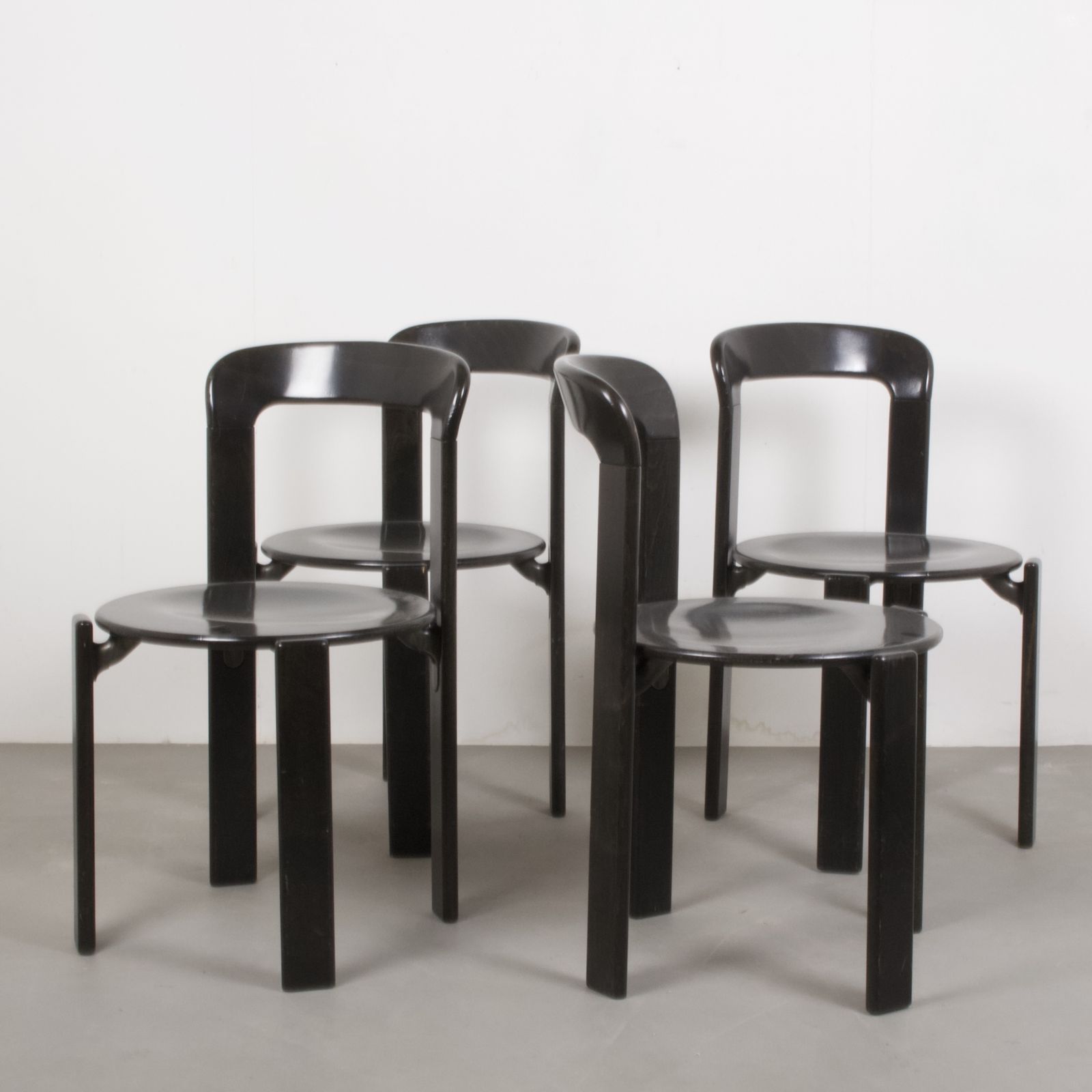 Original Vintage Mid Century Bruno Rey Beech Wood Chairs In Black Lacquer For Dietiker Set Of 4, Switzerland 1970s photo Furniture