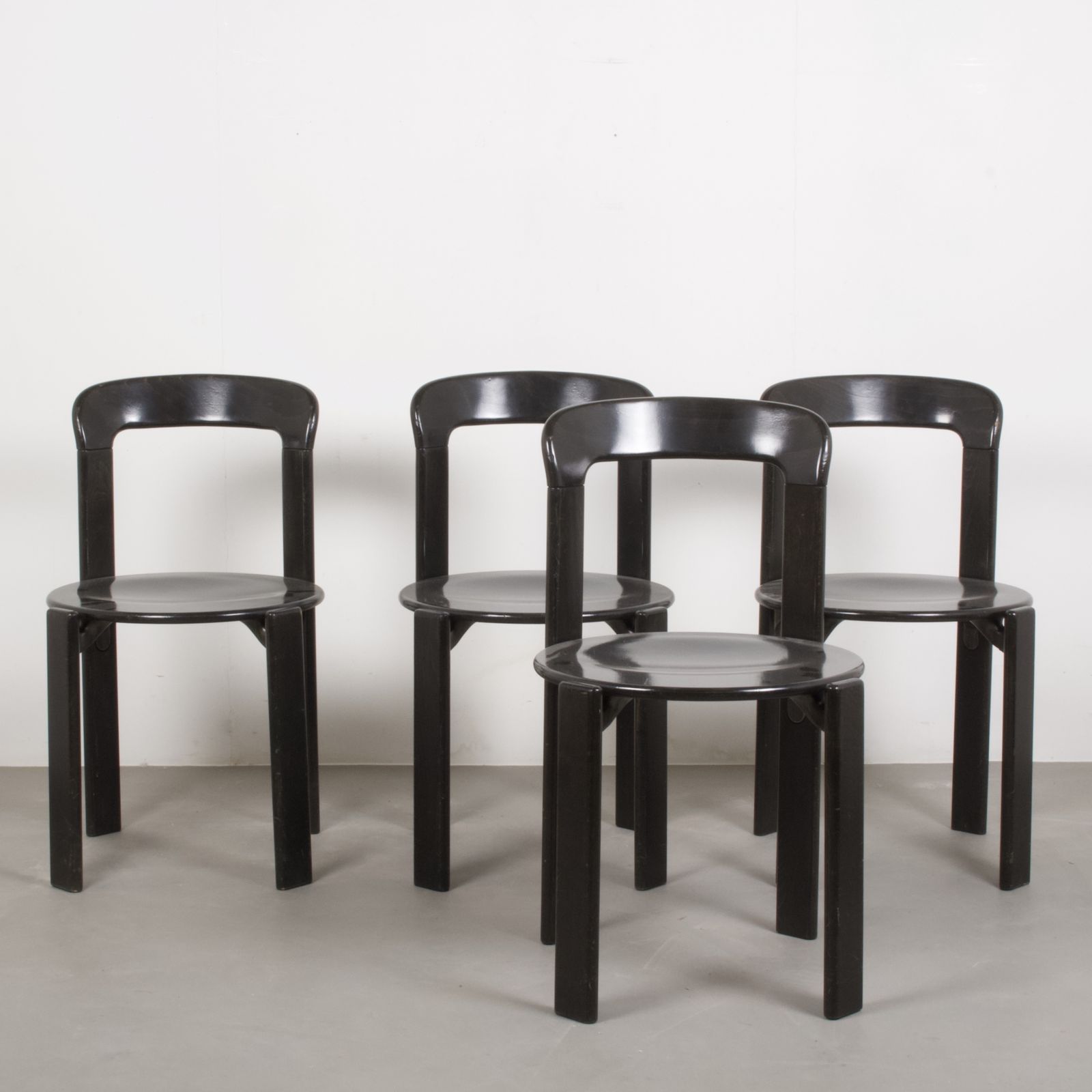 Original Vintage Mid Century Bruno Rey Beech Wood Chairs In Black Lacquer For Dietiker Set Of 4, Switzerland 1970s