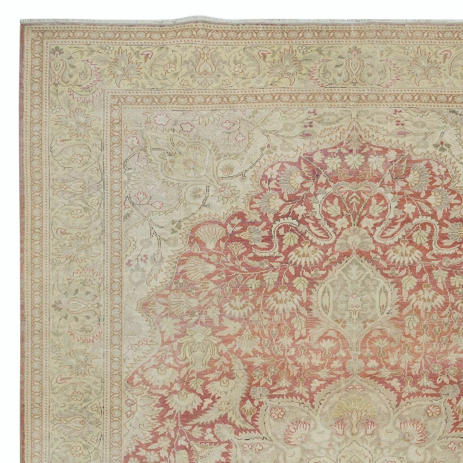 Knotted Turkish Area Rug In Beige & Red With Medallion Design photo Textiles
