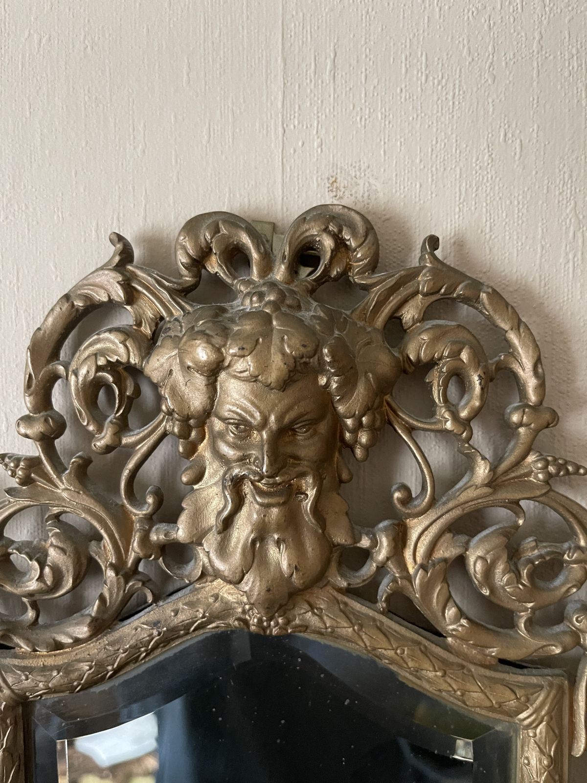 Gothic Bevelled Mirror With Gilded Frame And Bacchus Head Crest photo furniture
