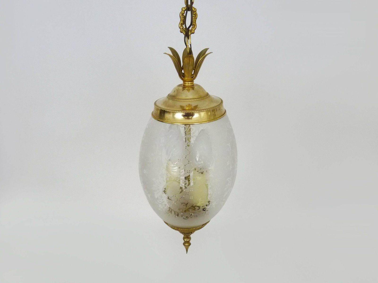 Suspension, Brass Chandelier And Engraved Glass Globe With 2 Lights. Louis XV Style photo for sale