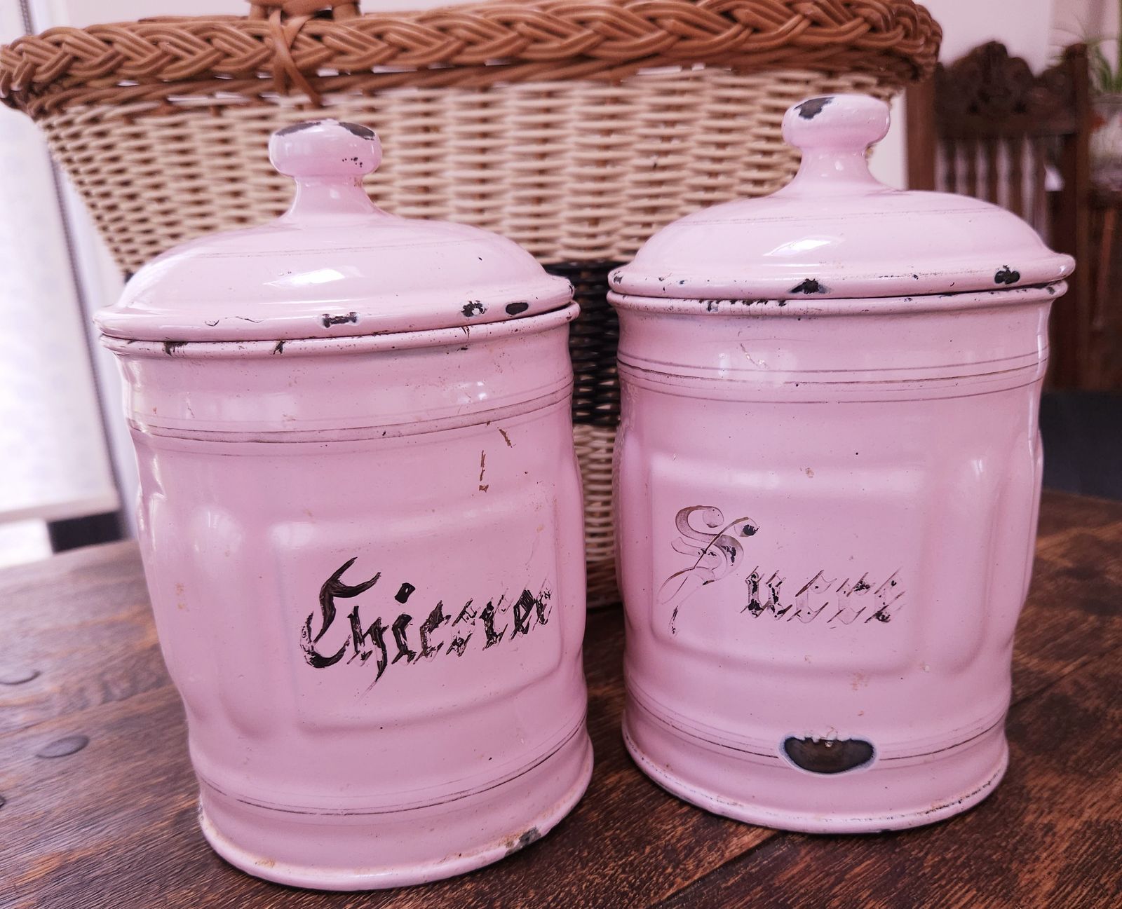 Pair Of French Art Deco Enamel Storage Canisters In Pastel Pink photo furniture