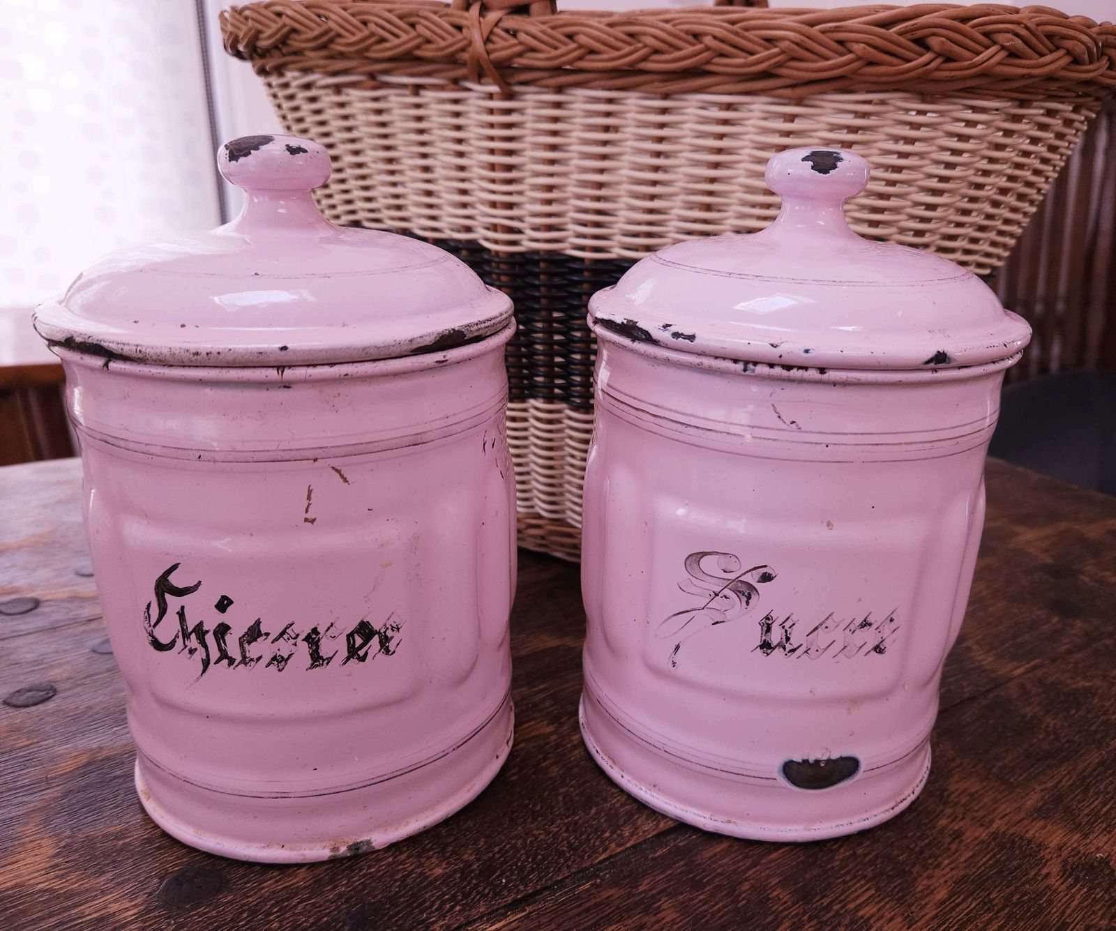 Pair Of French Art Deco Enamel Storage Canisters In Pastel Pink photo 144.0
