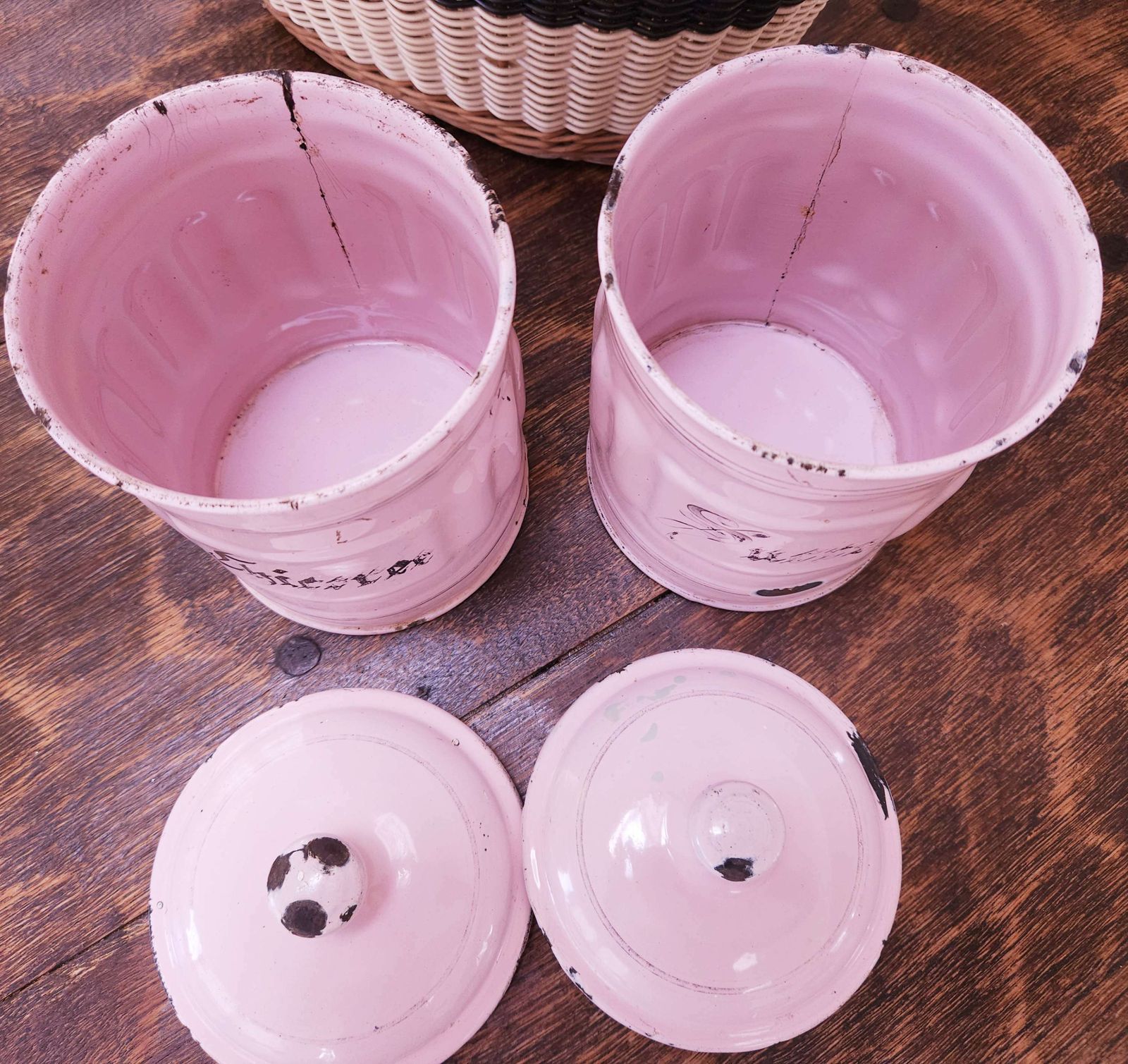 Pair Of French Art Deco Enamel Storage Canisters In Pastel Pink photo vinterior