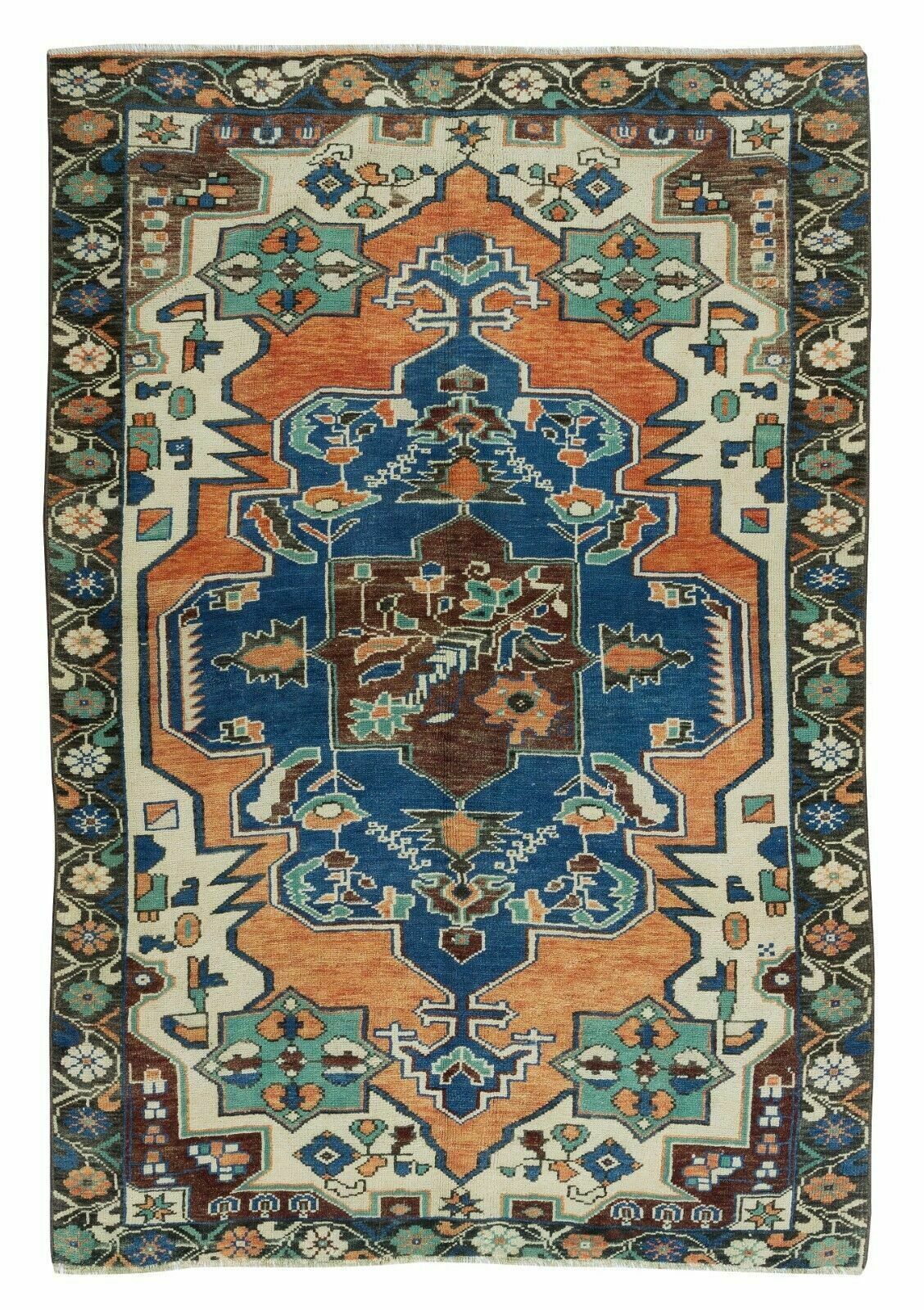 4.3x6.4 Ft Bohemian Style Hand Knotted Vintage Turkish Rug With Medallion Design