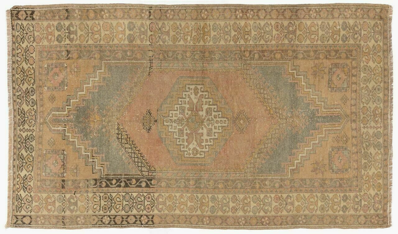 3.7x6.8 Ft Midcentury Hand Knotted Turkish Village Rug In Soft Colors photo for sale