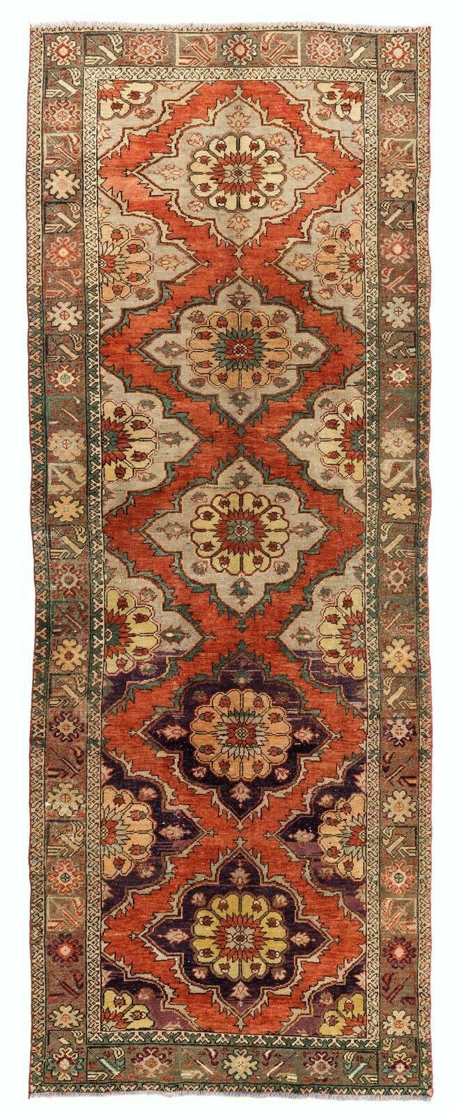 4.5x11.8 Ft Vintage Hand Knotted Anatolian Runner. Tribal Style Hallway Runner
