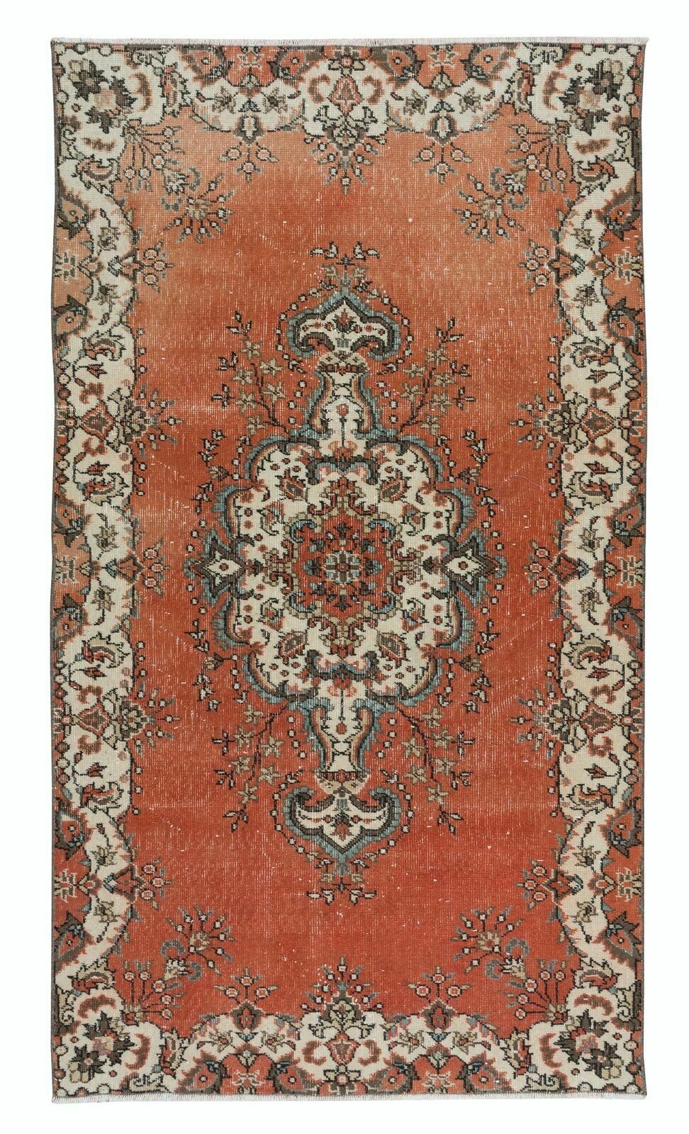 3.8x6.6 Ft Traditional Vintage Handmade Turkish Rug In Red, Beige With Medallion