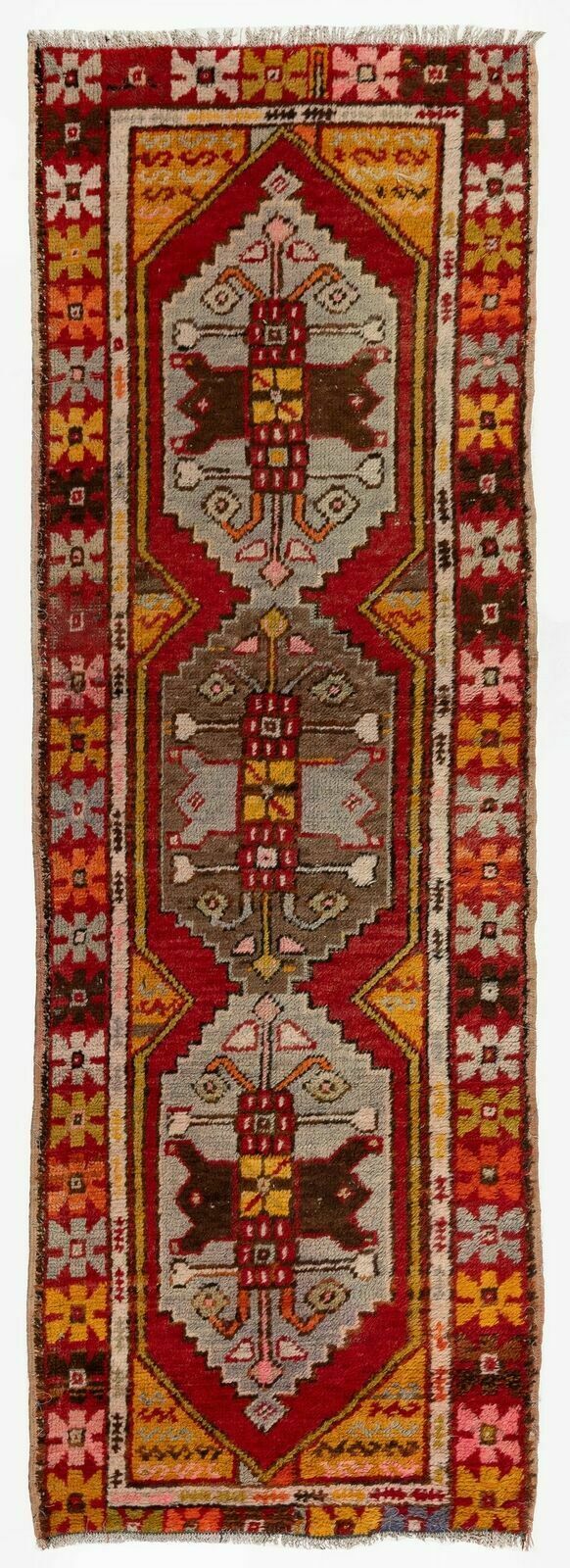 2.7x8.5 Ft Vintage Tribal Hand Knotted Wool Turkish Runner Rug In Red