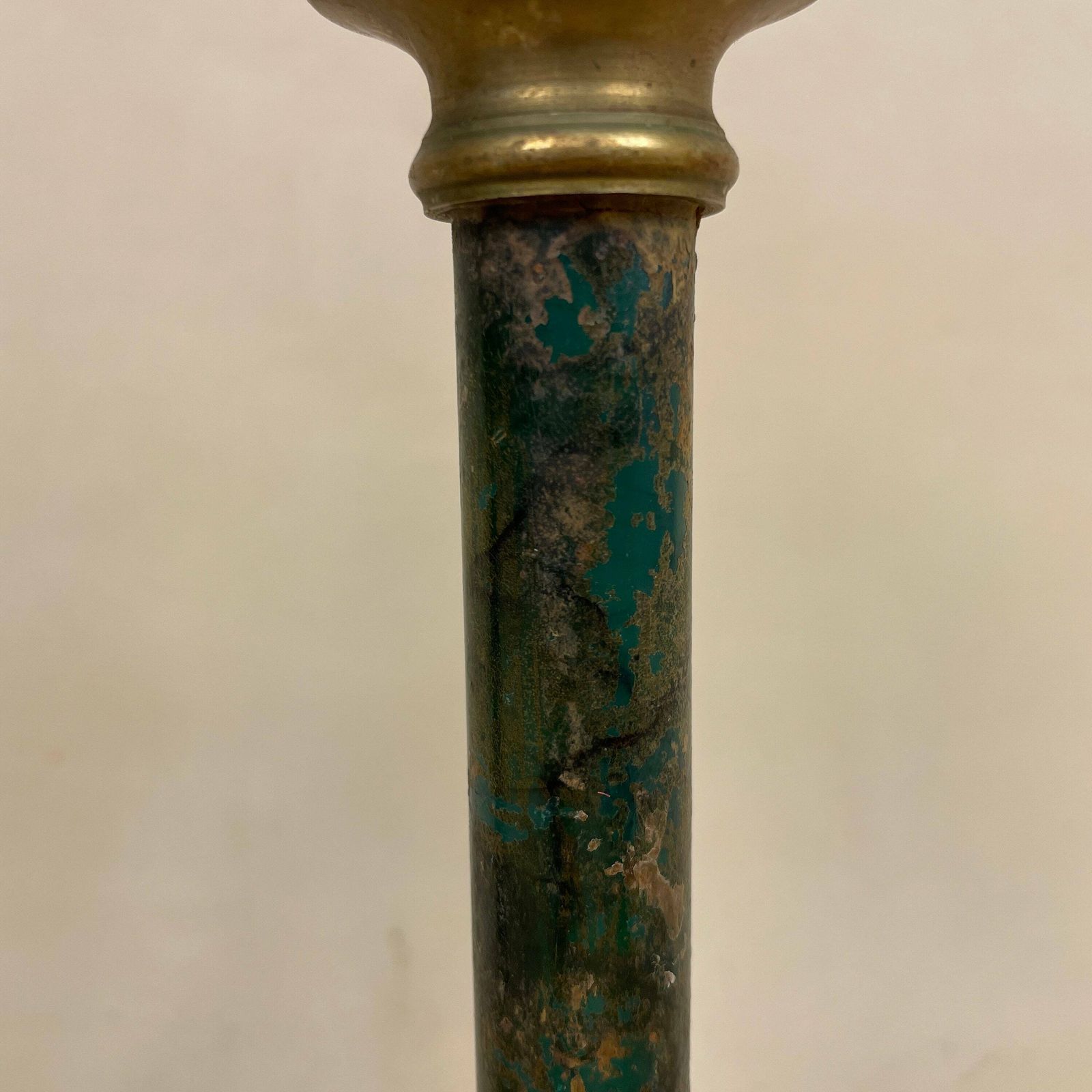 Antique Matching Pair Of Gold Brass Metal Candlestick Candle Stick Vintage Taper Dinner Candlesticks Round Base Column Pillar Green Resin photo for sale