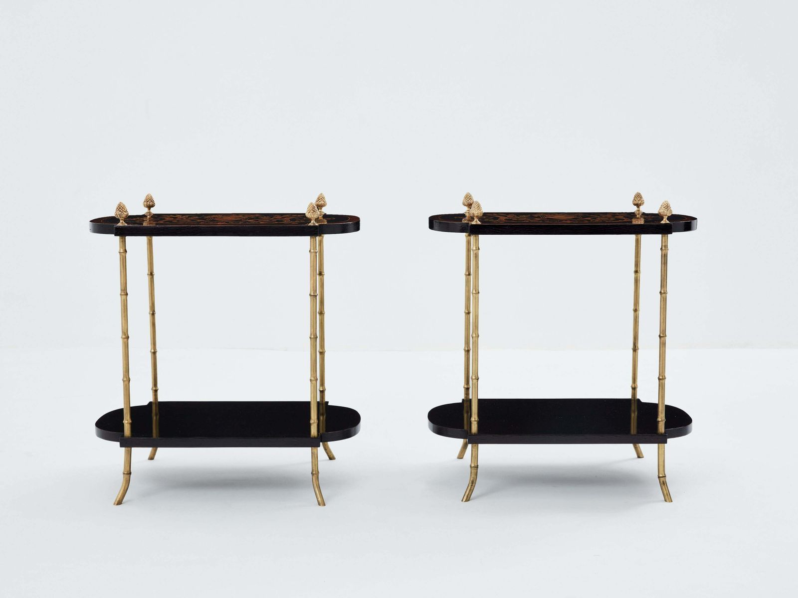 Maison Baguès Bronze Bamboo Wood Marquetry Side Tables 1940s photo vinterior