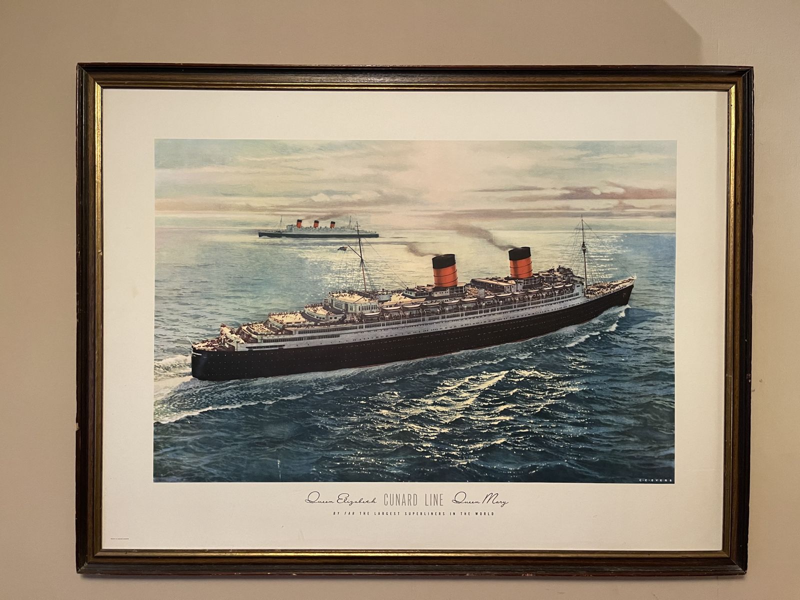 Original 1950's Cunard Travel Poster For Queen Mary And Queen Elizabeth Ocean Liners By C G Evers(1907 2000)