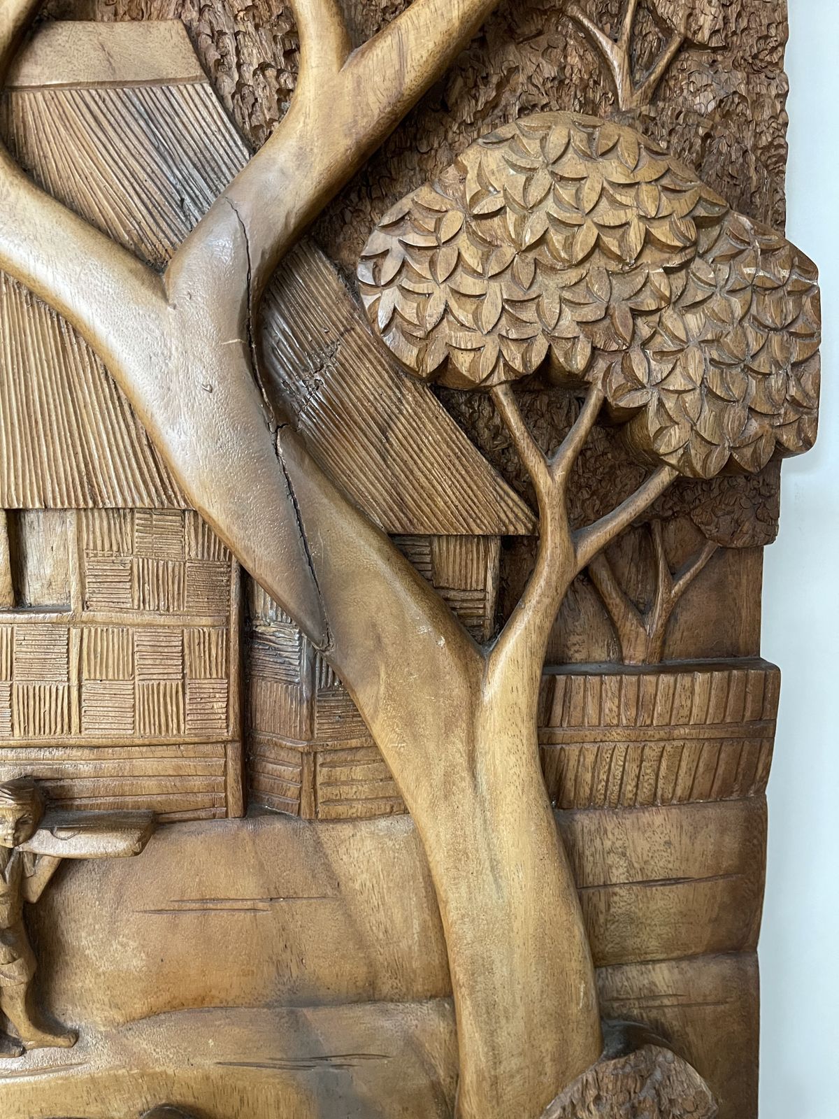 Large Teak Panel With Carved Scene Of Thai Village And Forest photo Art