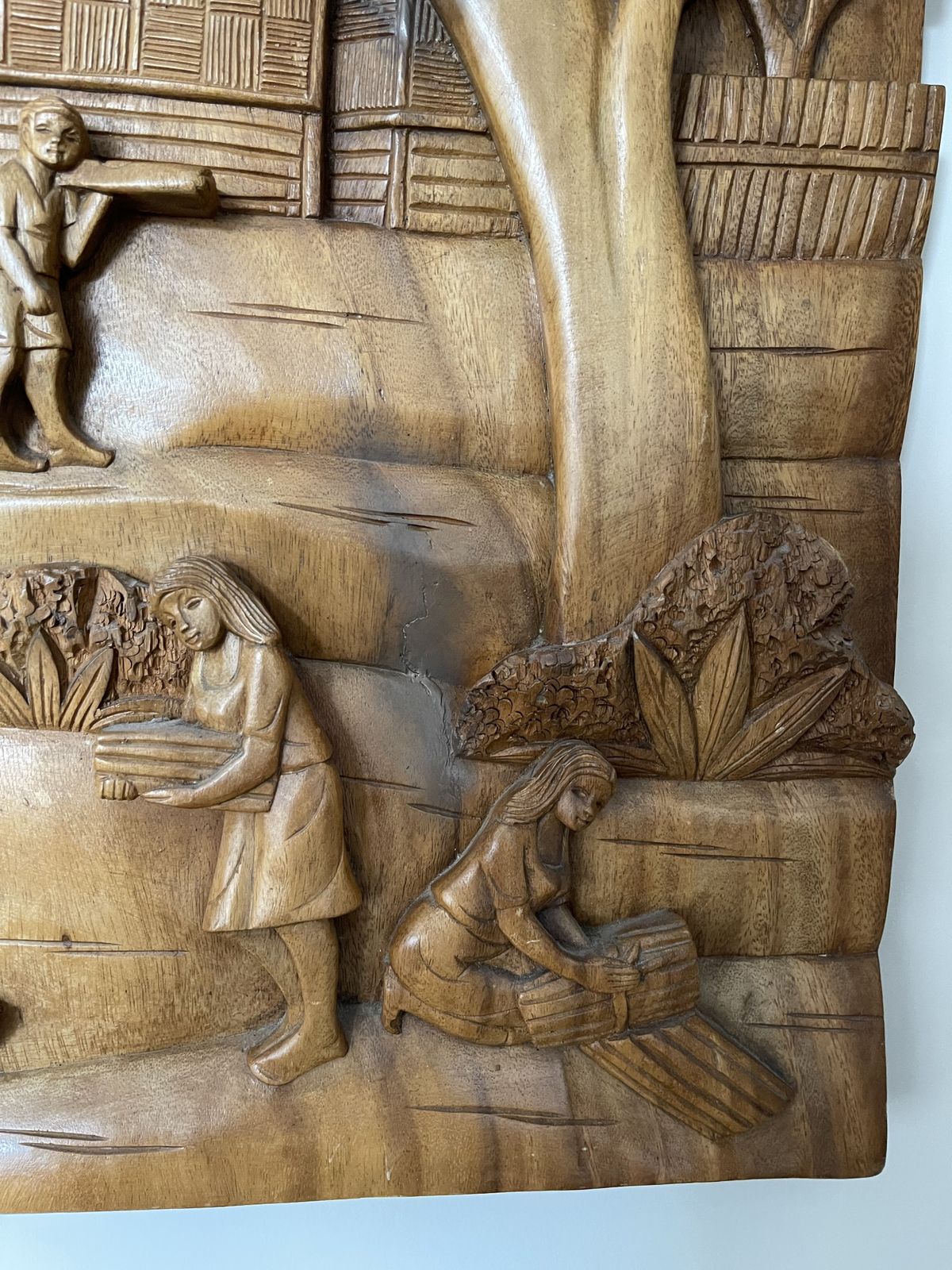 Large Teak Panel With Carved Scene Of Thai Village And Forest photo buy