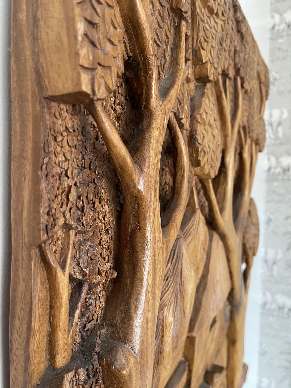photo for sale Large Teak Panel With Carved Scene Of Thai Village And Forest