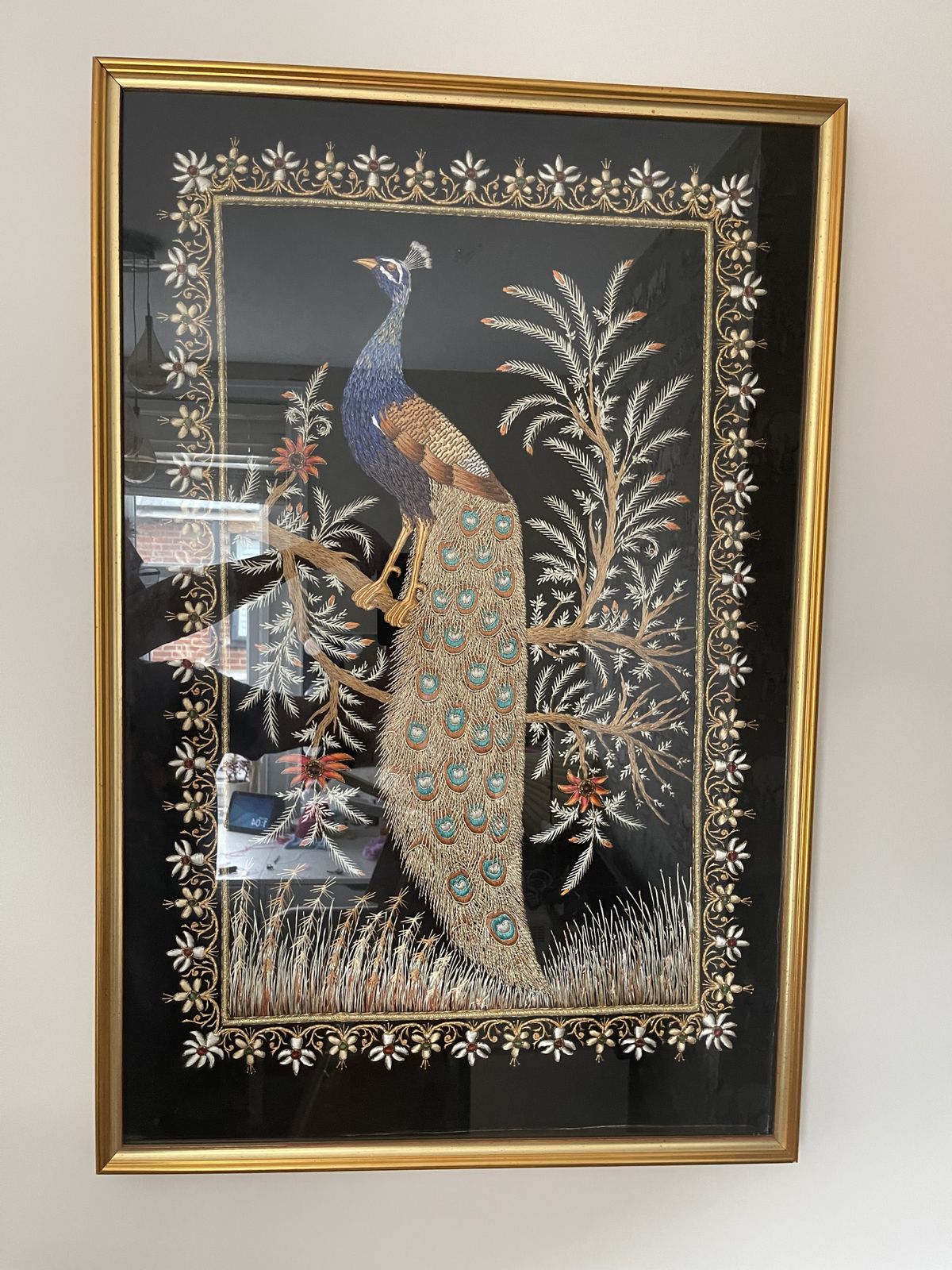 Huge 2ft X 3ft Framed Indian Silkwork Of Peacock