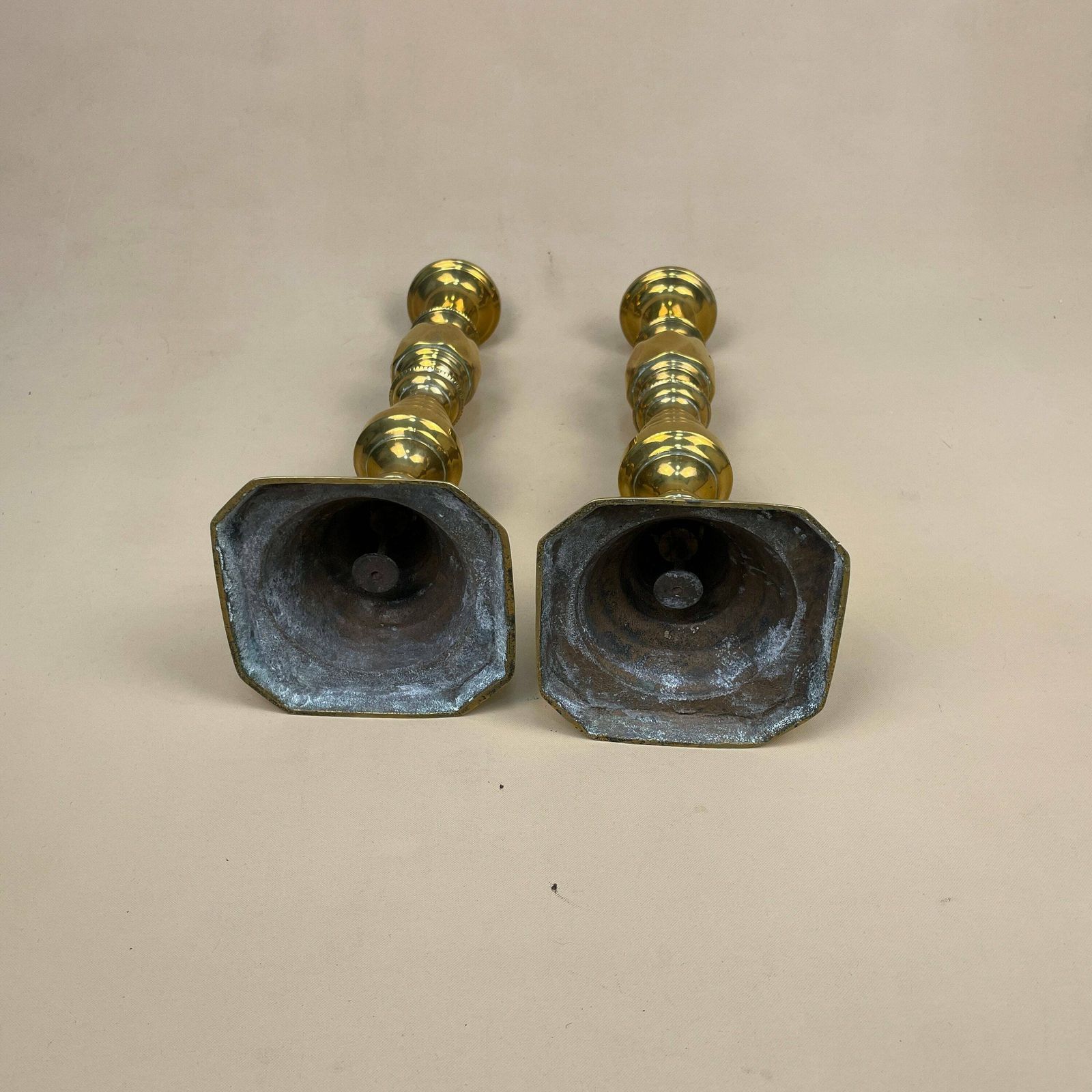 Antique Matching Pair Of Gold Brass Metal Candlestick Candle Stick Vintage Column Taper Dinner Candlesticks Square Base Column Pillar photo buy