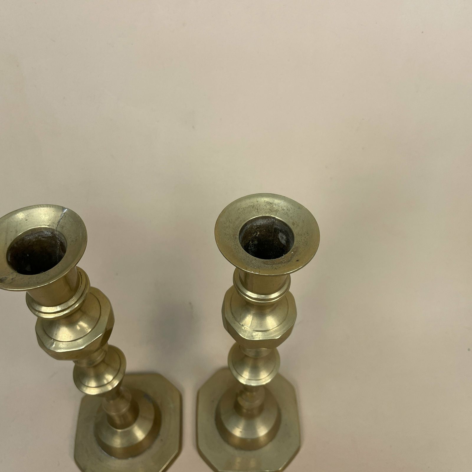 Antique Matching Pair Of Gold Brass Metal Candlestick Candle Stick Vintage Column Taper Dinner Candlesticks Square Base Column Pillar photo for sale