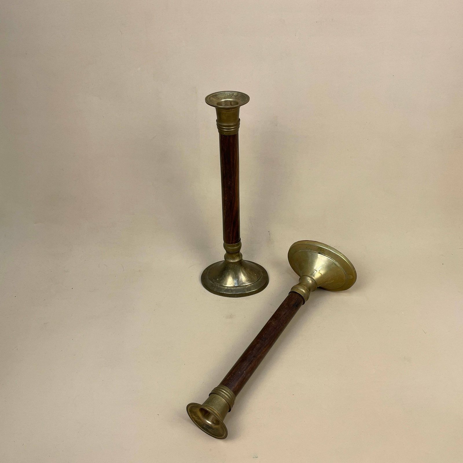 Antique Matching Pair Of Gold Brass Metal Candlestick Candle Stick Vintage Taper Dinner Candlesticks Round Base Column Pillar Wood Wooden photo furniture