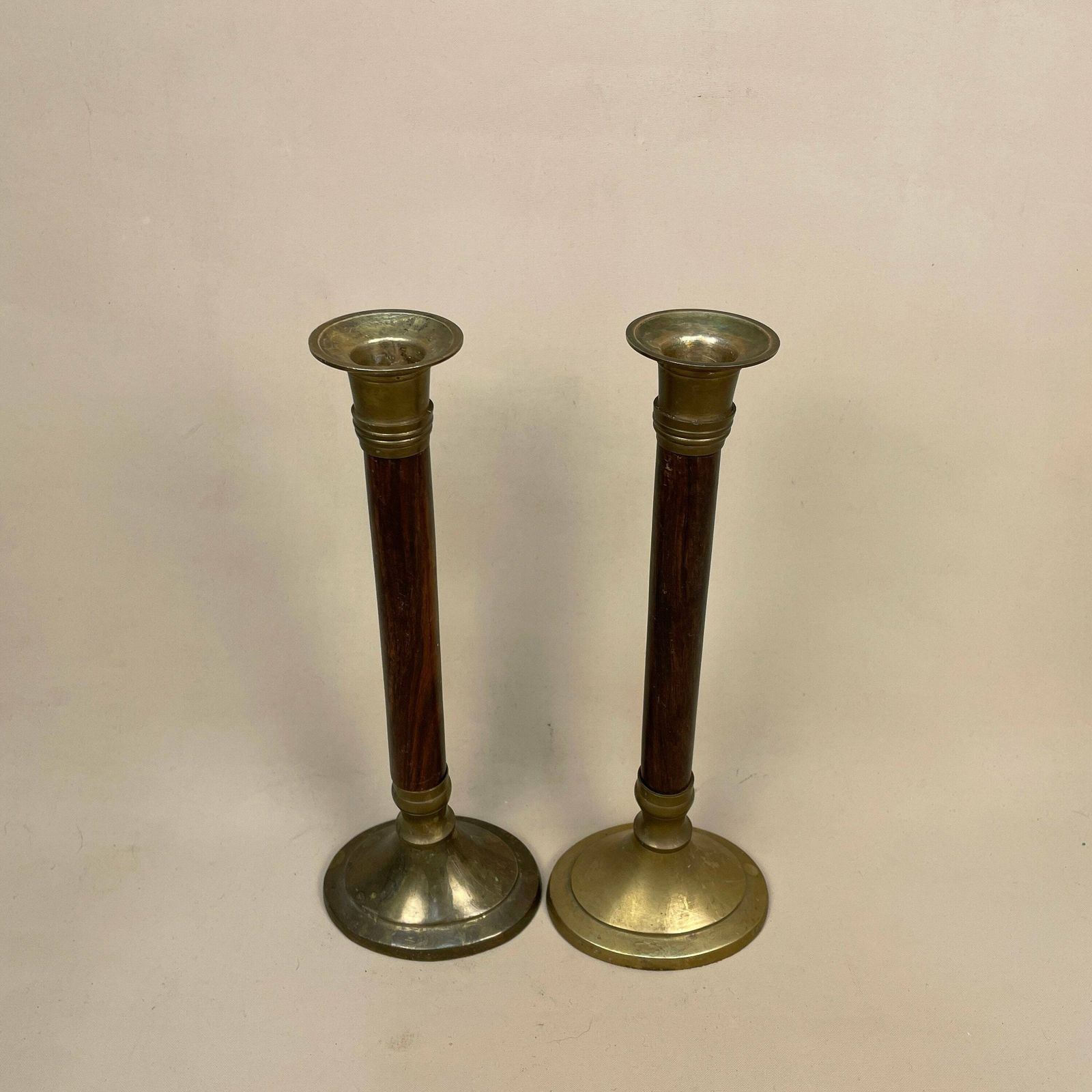 Antique Matching Pair Of Gold Brass Metal Candlestick Candle Stick Vintage Taper Dinner Candlesticks Round Base Column Pillar Wood Wooden photo Home Decor