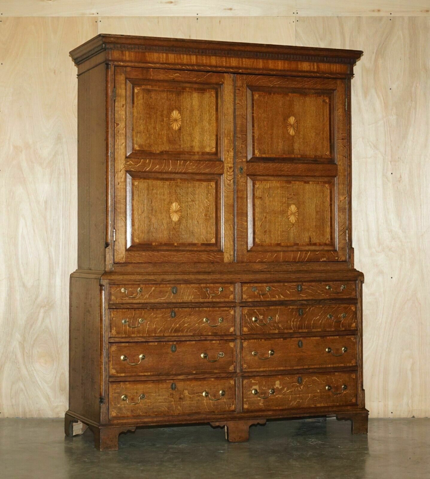 Exquisite Antique 1800 Sheraton Inlaid Housekeepers Cupboard Wardrobe Drawers