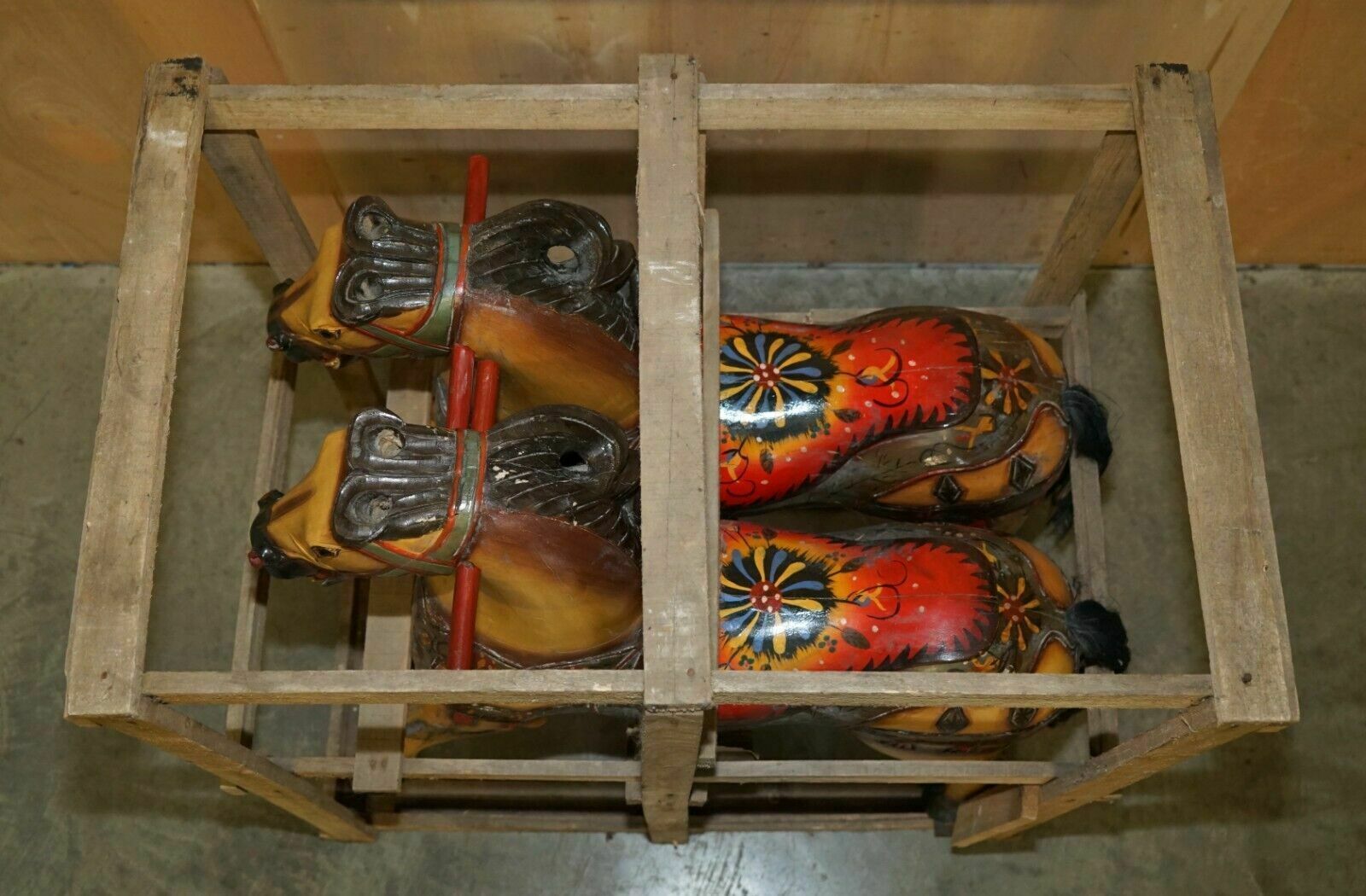 Pair Of Circa 1890 Original Paint New Old Stock Crated Fairground Ride Horses photo for sale