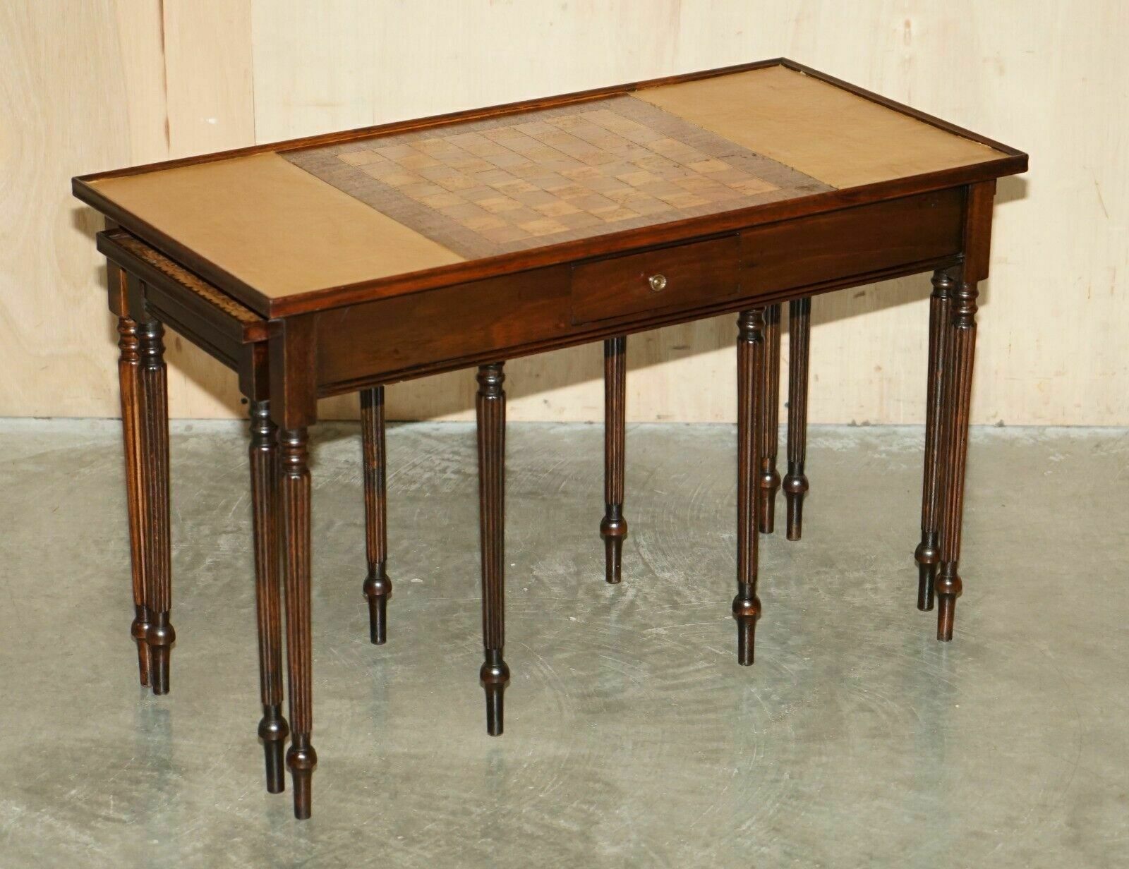 Vintage Circa 1950's Leather Topped Chessboard Coffee Nest Of Tables For Chess!