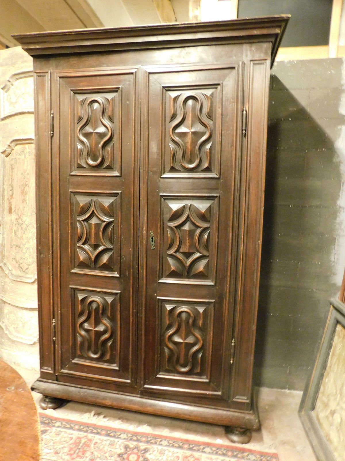 Wardrobe In Poplar Wood, Two Doors With Six Diamond Carved Panels, Italy photo buy