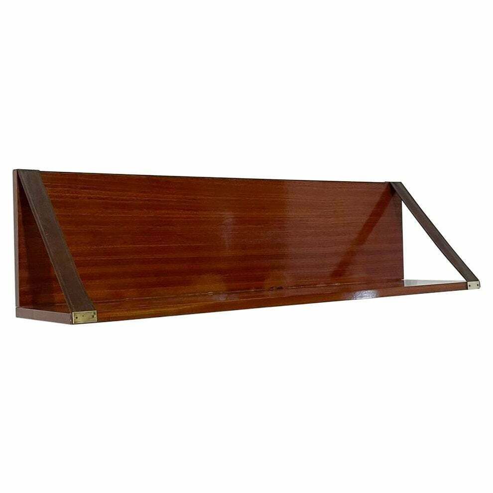 Mid Century Wood, Leather And Brass Shelve, Italy, 1960s   2 Available