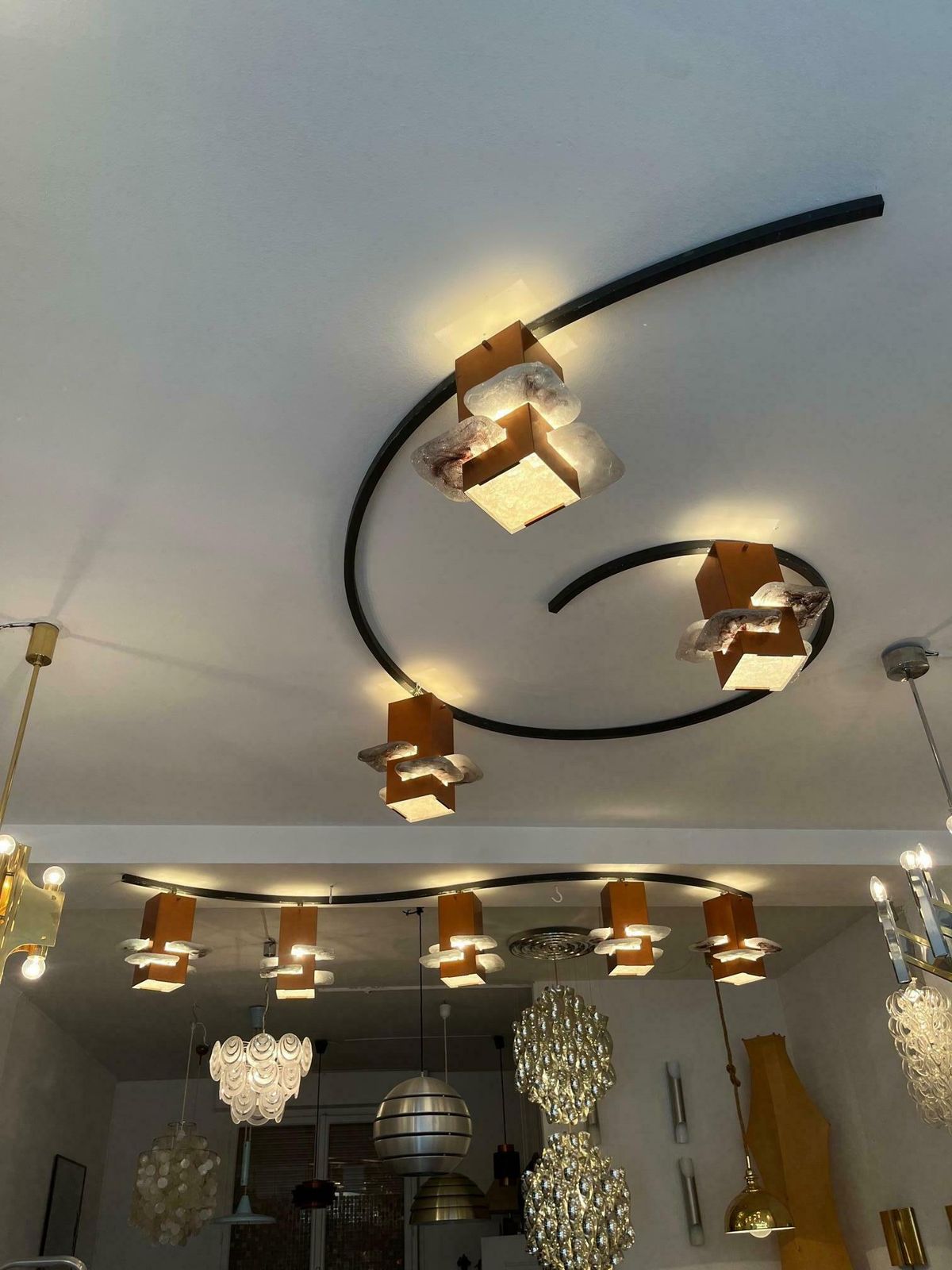 Unique Vintage Copper & Glass 3 Shades Circle Flush Mount Lamp, Ca. 1950's photo vinterior