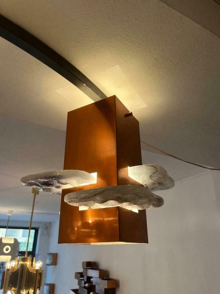 photo for sale Unique Vintage Copper & Glass 3 Shades Circle Flush Mount Lamp, Ca. 1950's