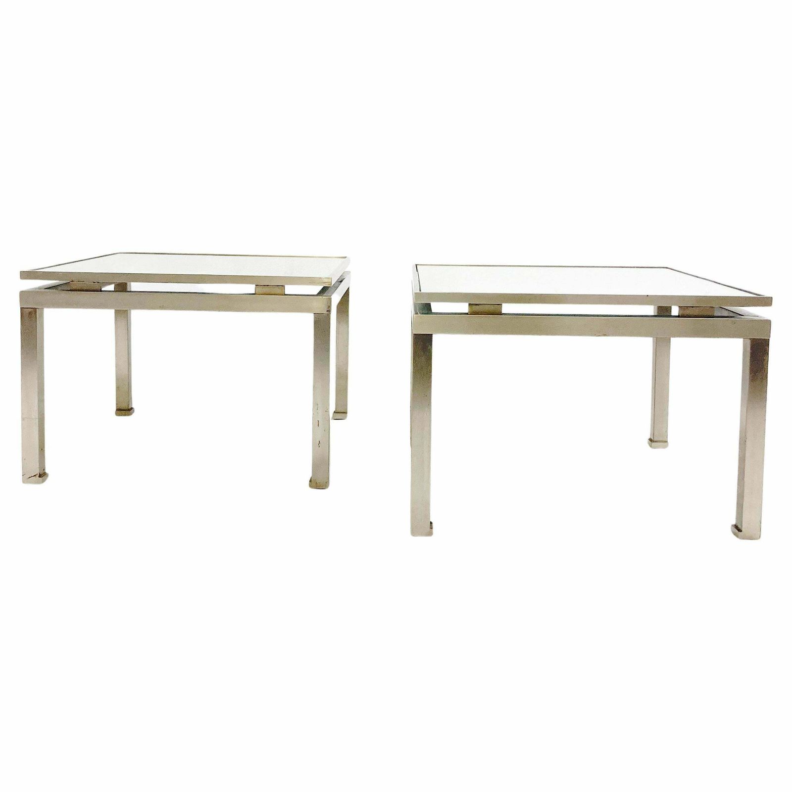 Mid Century Modern Pair Of Side Tables, Metal And Glass, Italy, 1970s