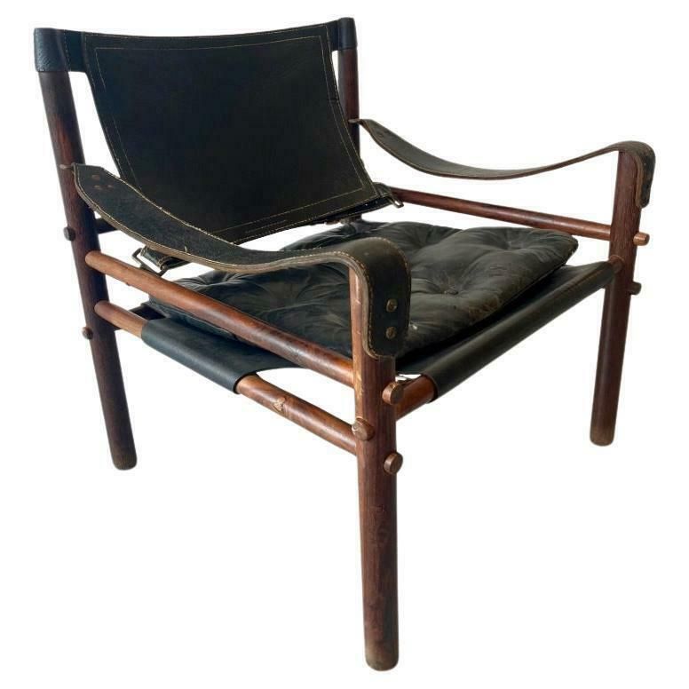 Arne Norell Black Leather Safari Easy Chair, Sweden Ca. 1970s