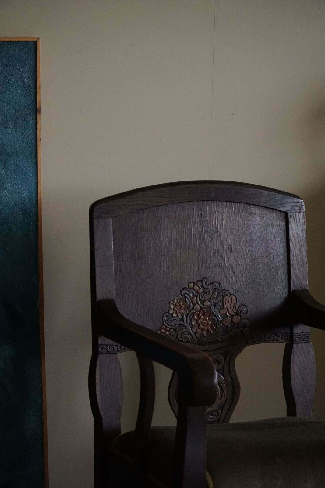 Hand Carved Armchair In Oak & Velvet, Danish Cabinetmaker, Jugendstil, 1939 photo vinterior