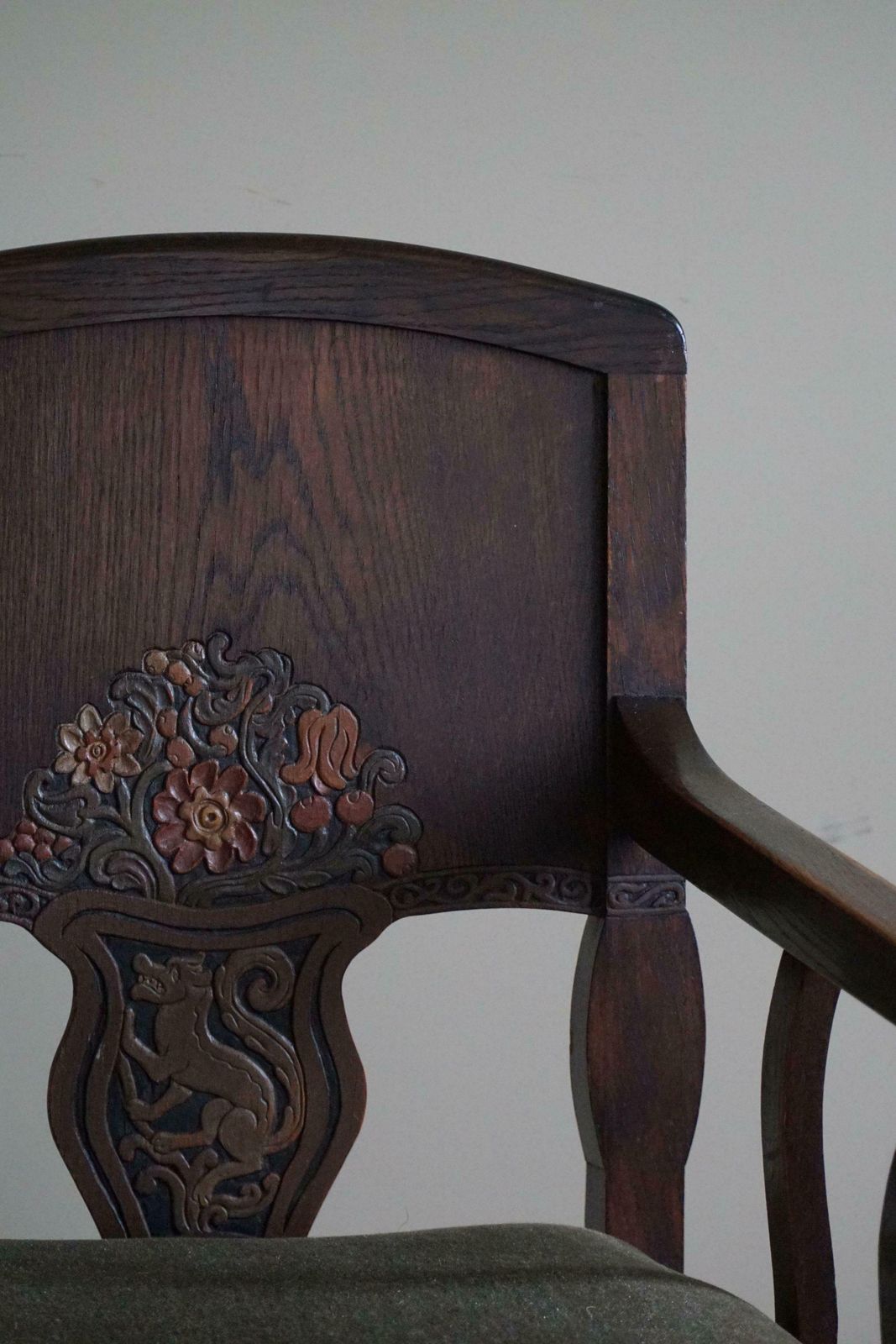photo furniture Hand Carved Armchair In Oak & Velvet, Danish Cabinetmaker, Jugendstil, 1939