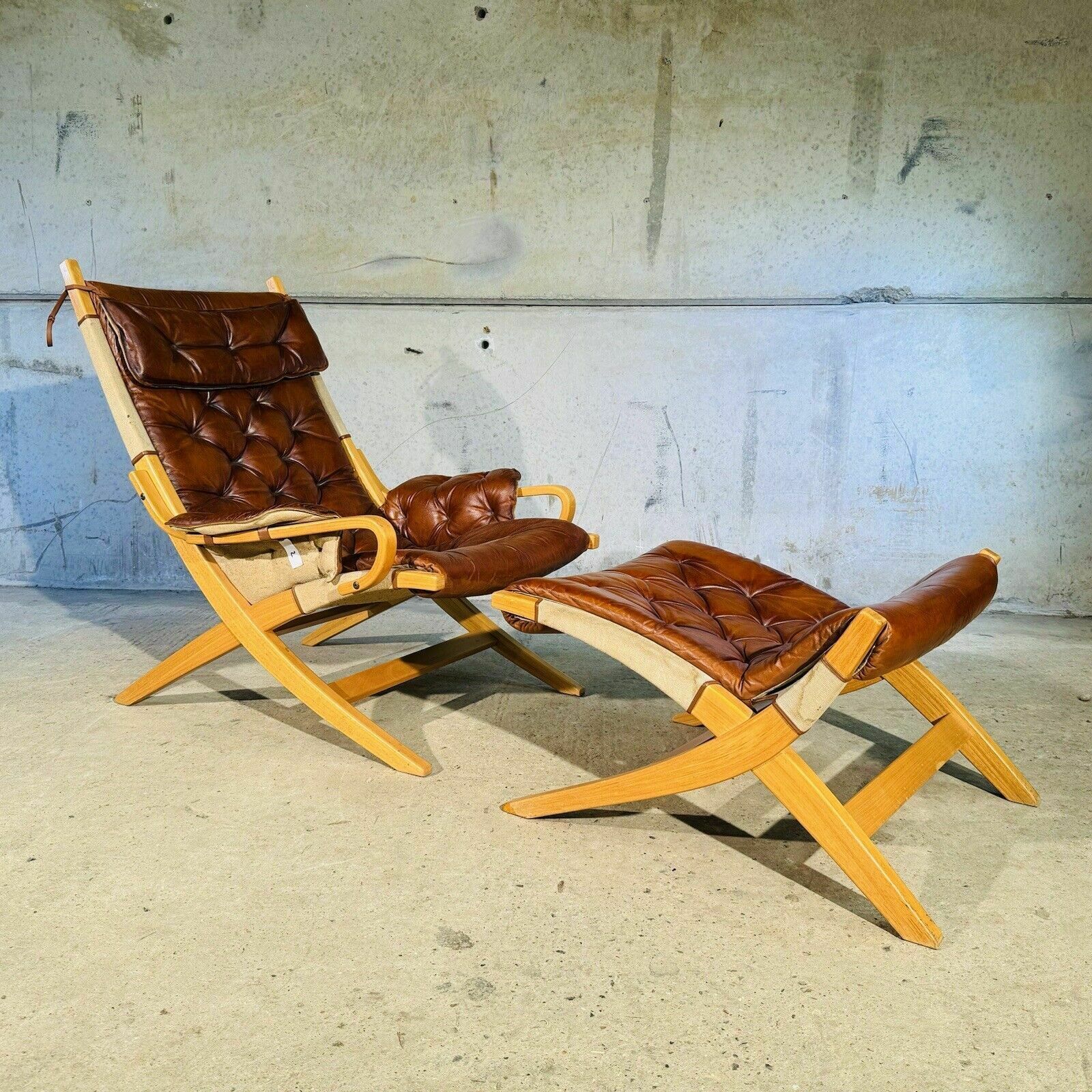 Stylish Swedish 70s Tan Leather And Canvas Armchair And Footstool