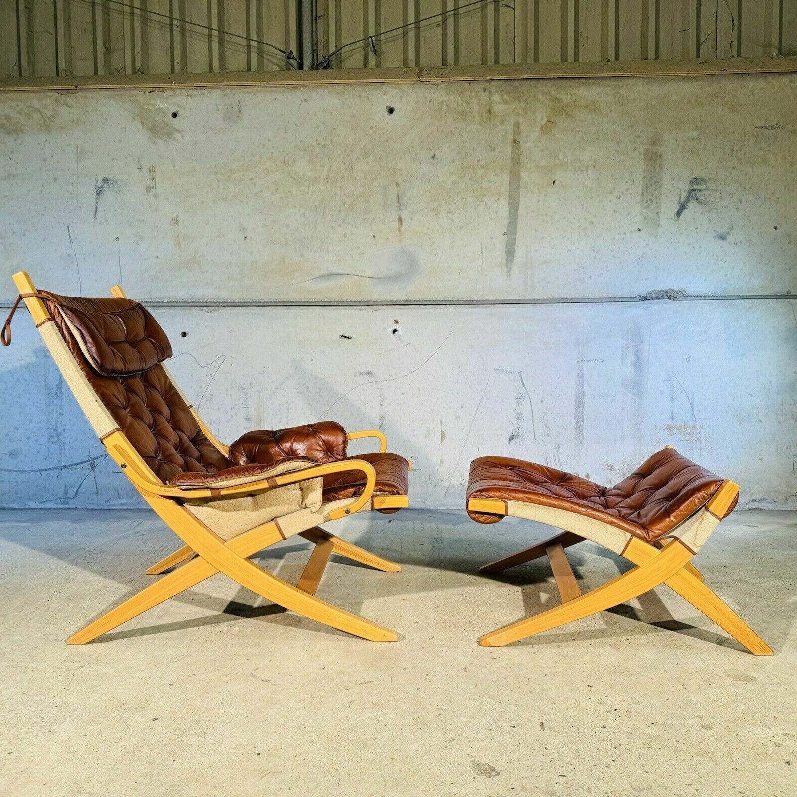Stylish Swedish 70s Tan Leather And Canvas Armchair And Footstool photo furniture