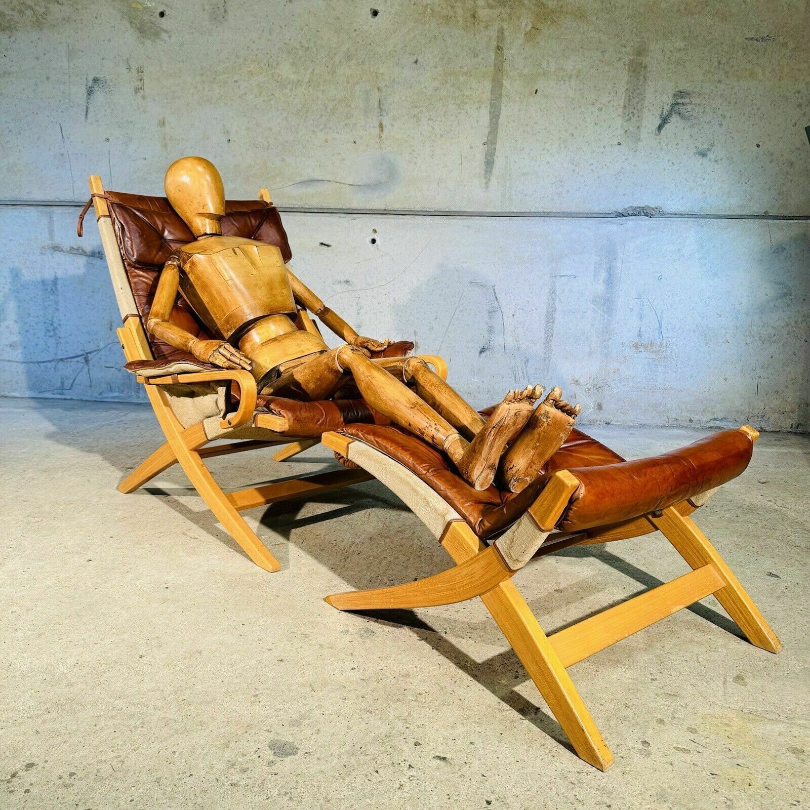 Stylish Swedish 70s Tan Leather And Canvas Armchair And Footstool photo for sale