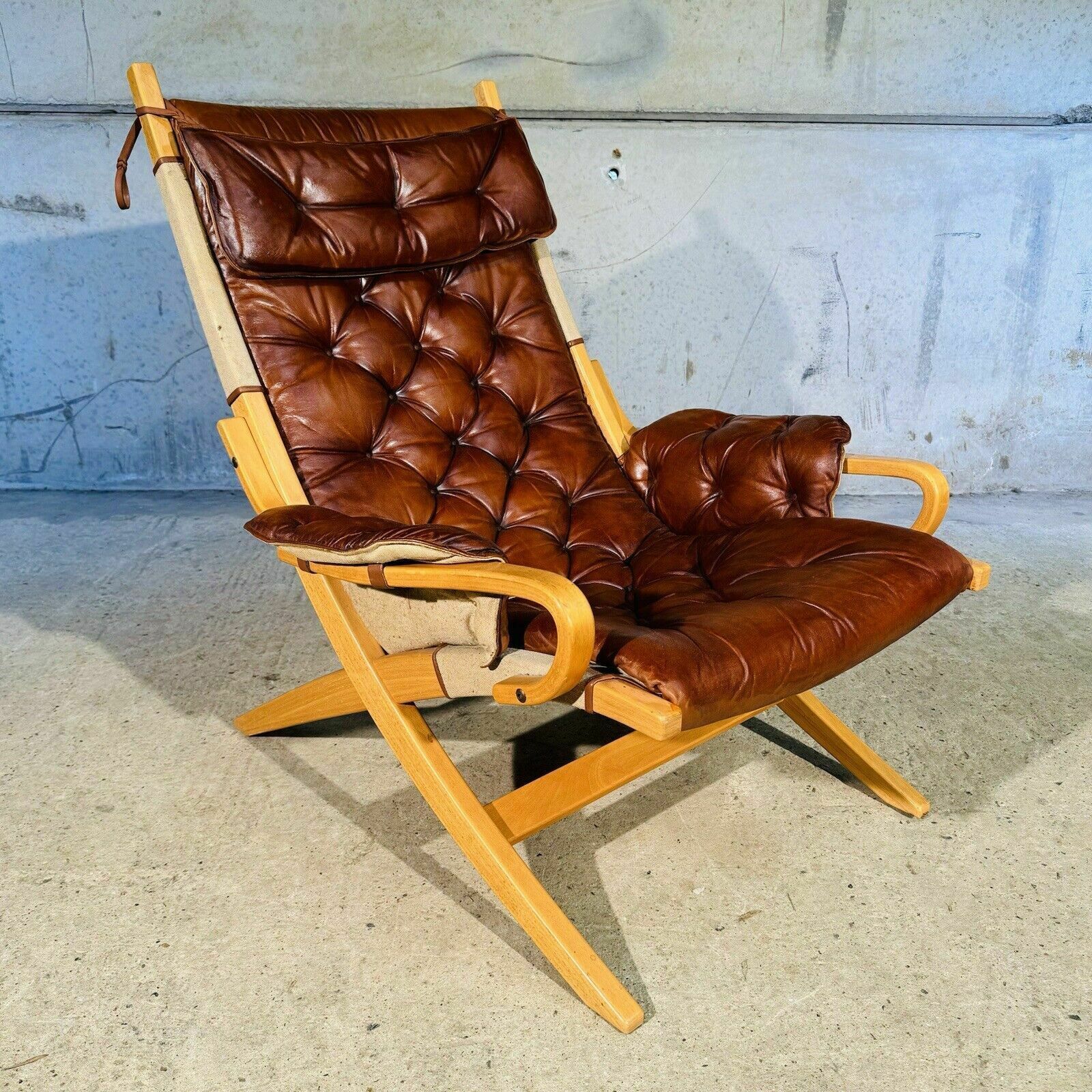 Stylish Swedish 70s Tan Leather And Canvas Armchair And Footstool photo Furniture