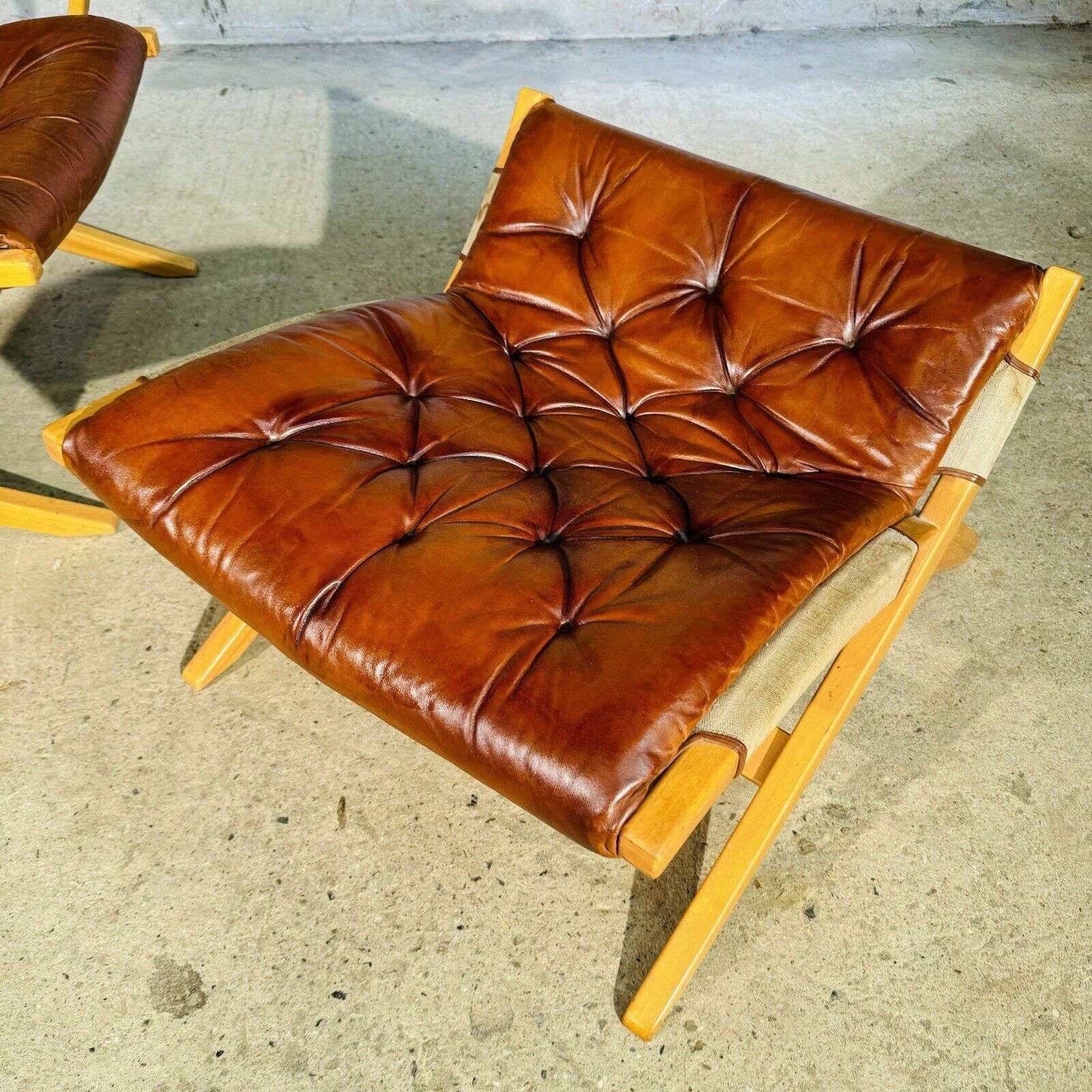 Stylish Swedish 70s Tan Leather And Canvas Armchair And Footstool photo vinterior