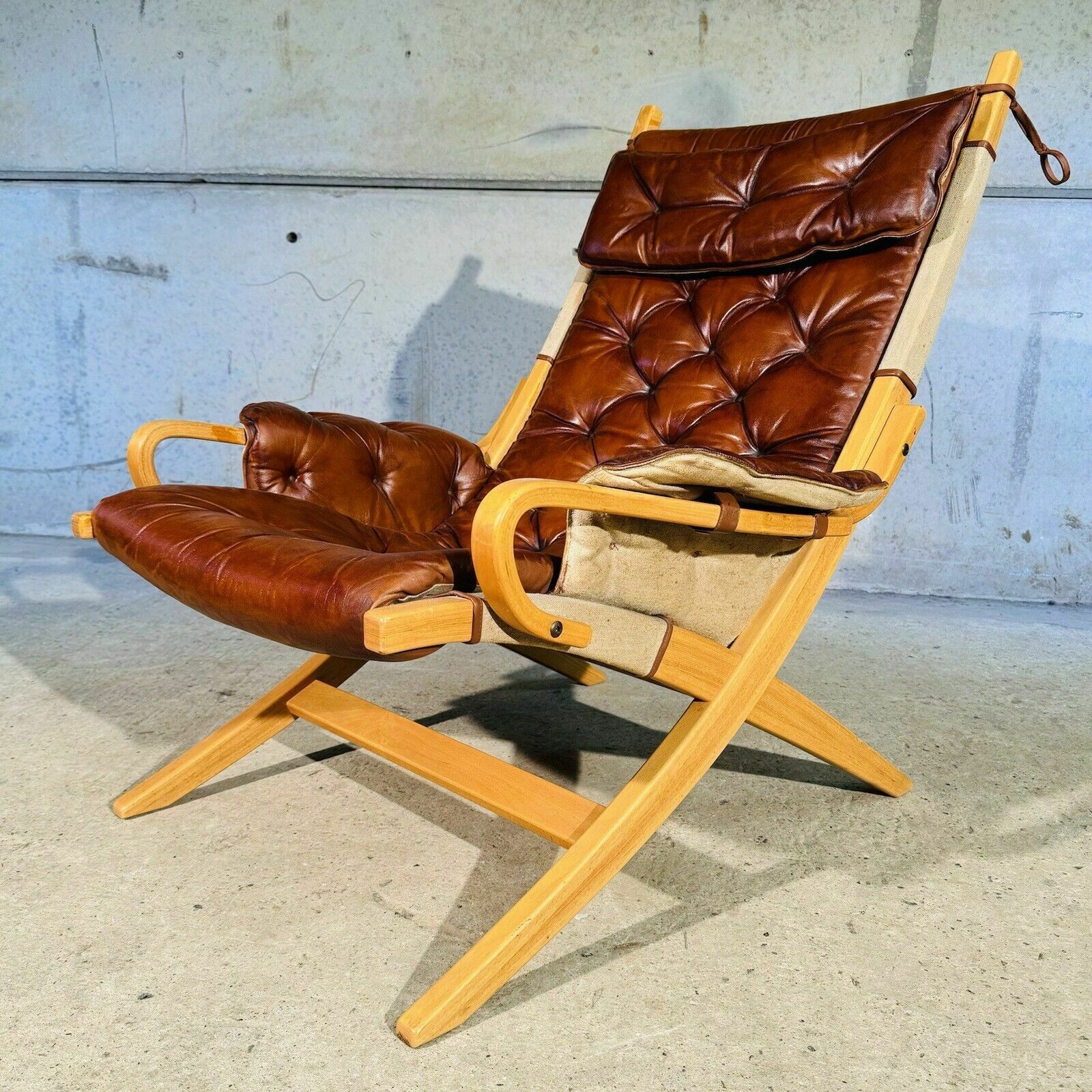 Furniture Stylish Swedish 70s Tan Leather And Canvas Armchair And Footstool photo