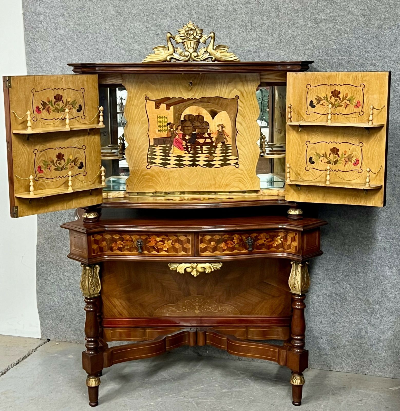 Stunning Serpentine Shaped Marquetry Inlaid Cocktail Cabinet photo Furniture