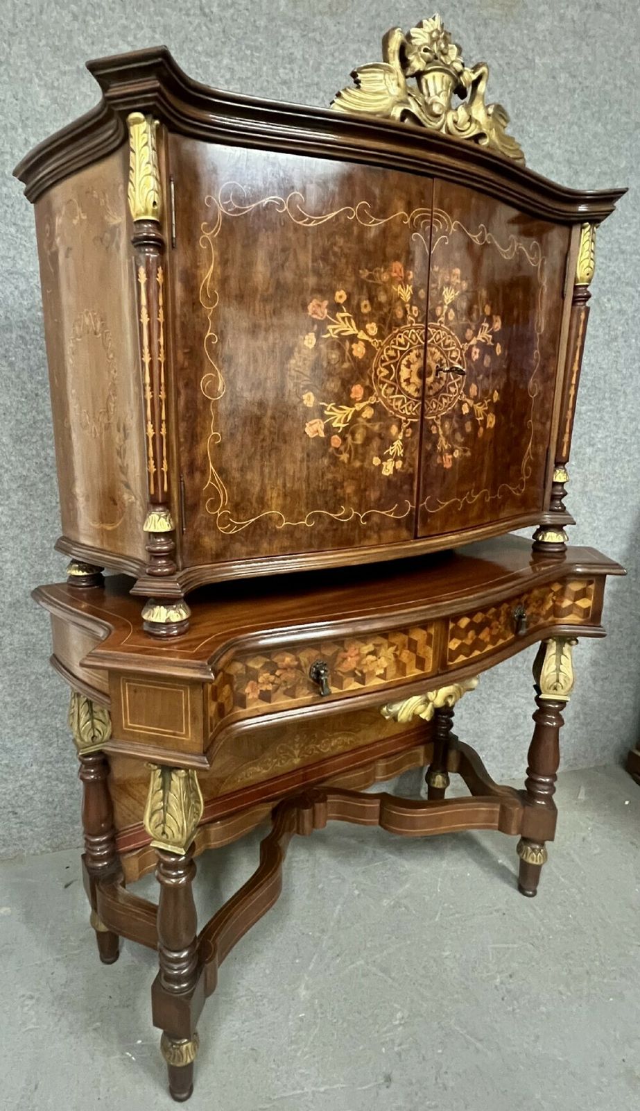 Stunning Serpentine Shaped Marquetry Inlaid Cocktail Cabinet photo vintage